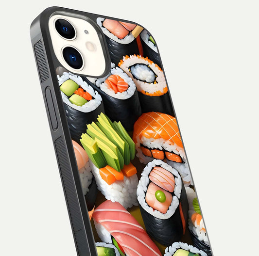 Sushi Food Pattern Glass Case for iphone-12 close-up angled shot highlighting colorful sushi prints and reflection