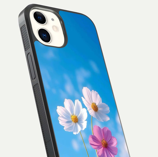 Triple Flowers With Sky Glass Case for iphone-12 close-up angled shot highlighting petal and reflection details