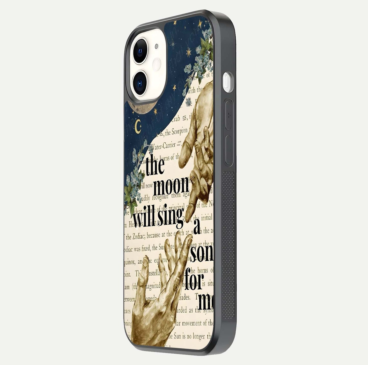 Aesthetic Divine Glass Case for iPhone 12 Mini side-angle image showing divine abstract design, camera module, and glossy finish reflection