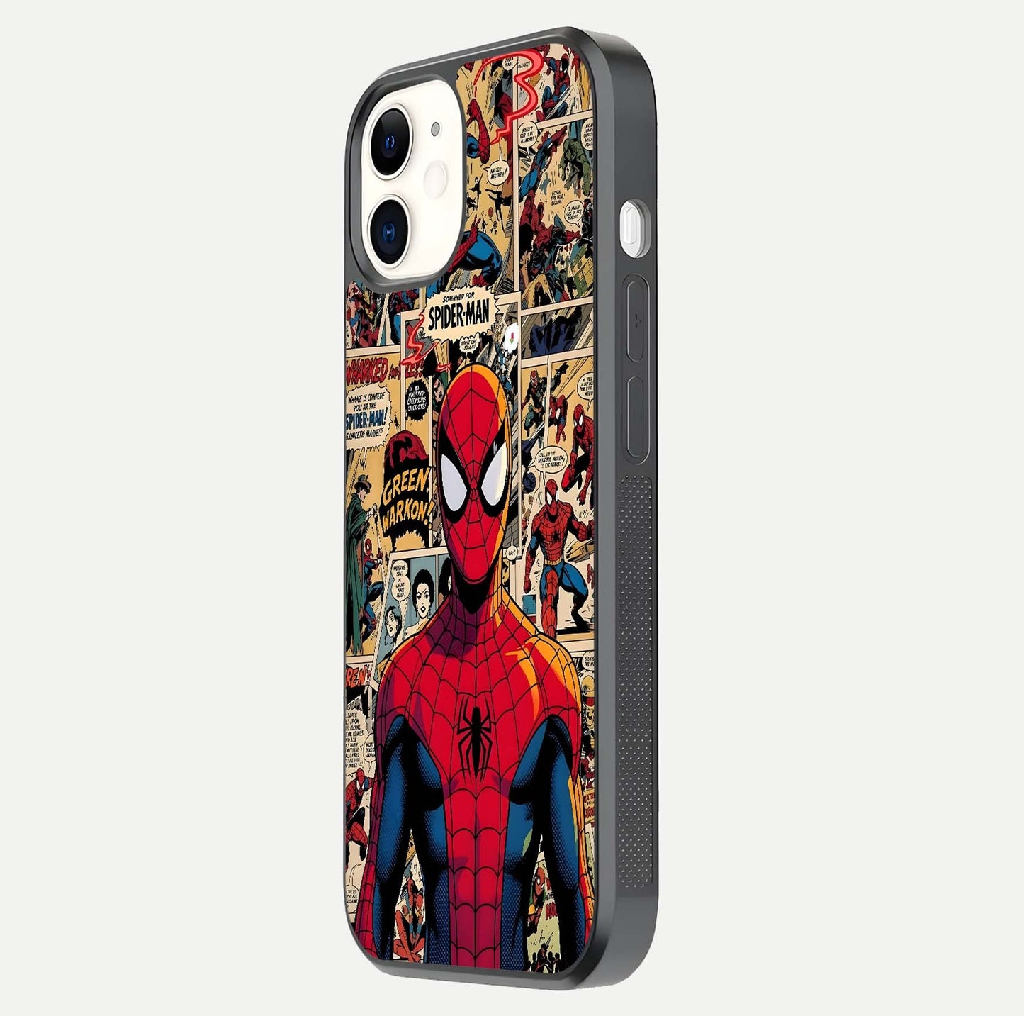 Aesthetic Spider Man Glass Case for iPhone 12 Mini side-angle image showing superhero comic print, camera module, and glossy finish reflection