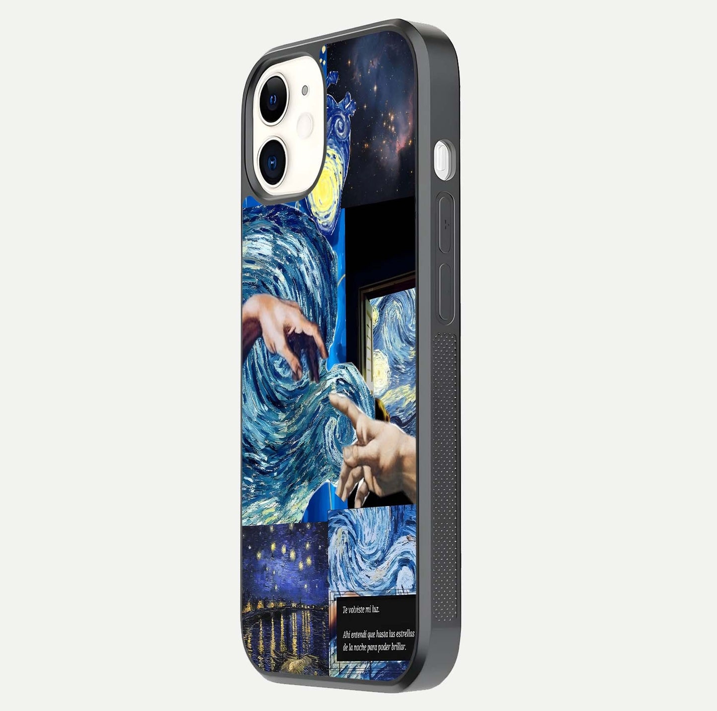 Aesthetic Vando Hands Glass Case for iPhone 12 Mini side-angle image showcasing hand design, protective edges, and gloss texture