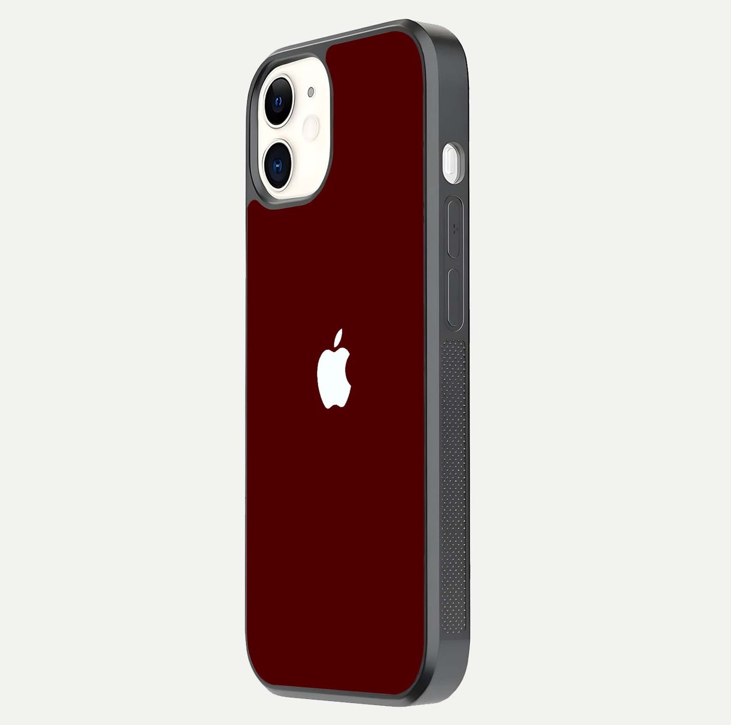 Apple Crimson Core Glass Case for iPhone 12 Mini side-angle shot showing camera bump alignment and glossy shine