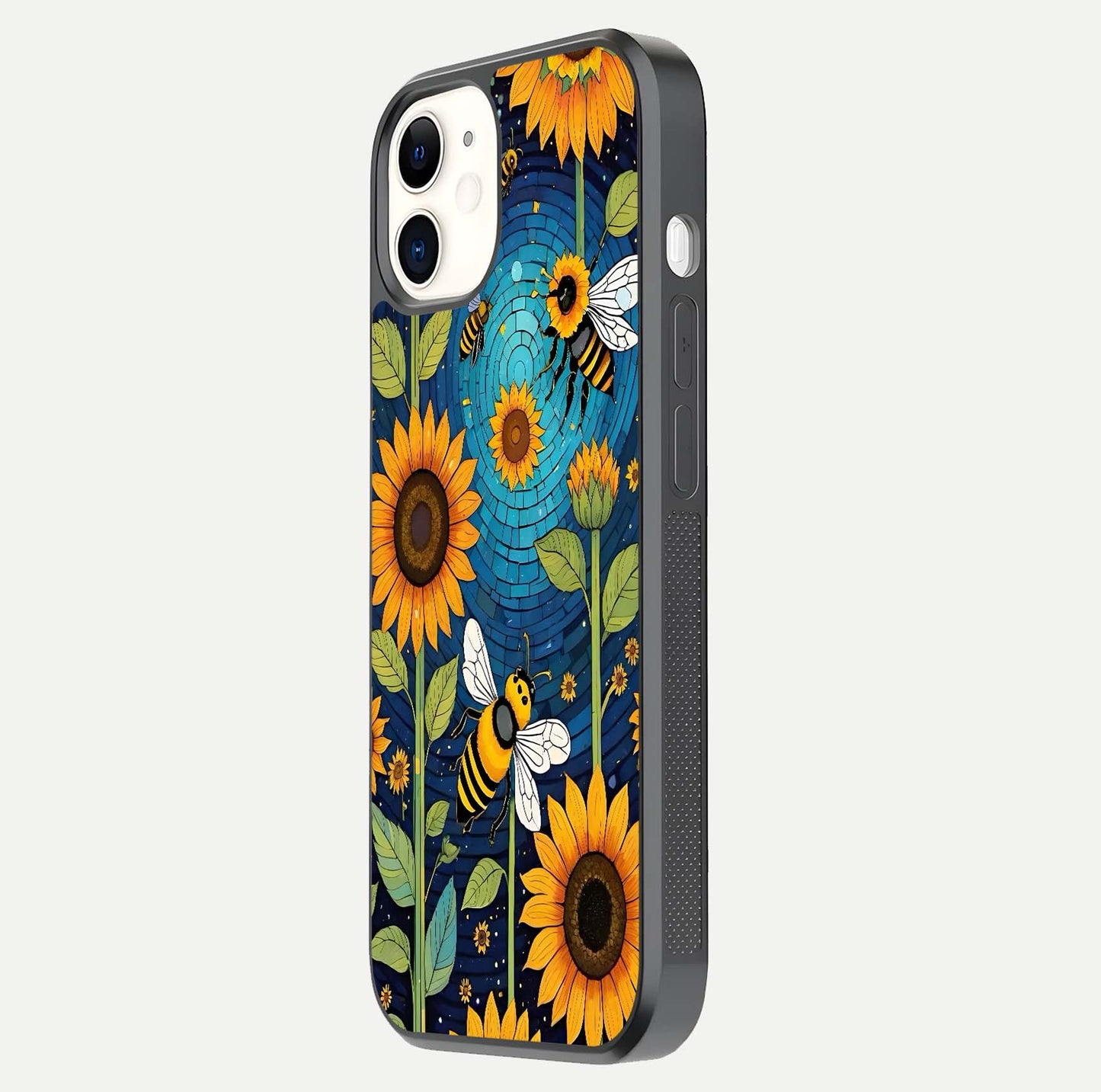 Bees & Sunflowers Glass Case for iPhone 12 Mini side-angle image showing bee pattern alignment and shiny protective surface