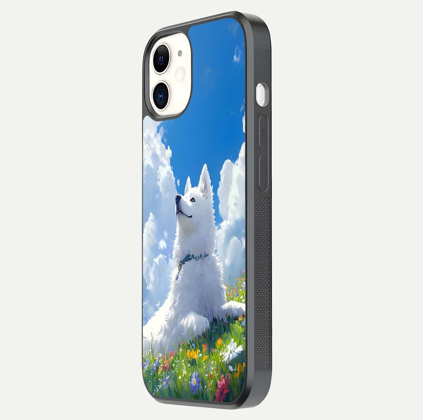 Blissful Cloud Pup Glass Case for iPhone 12 Mini side-angle shot displaying puppy print and glossy texture