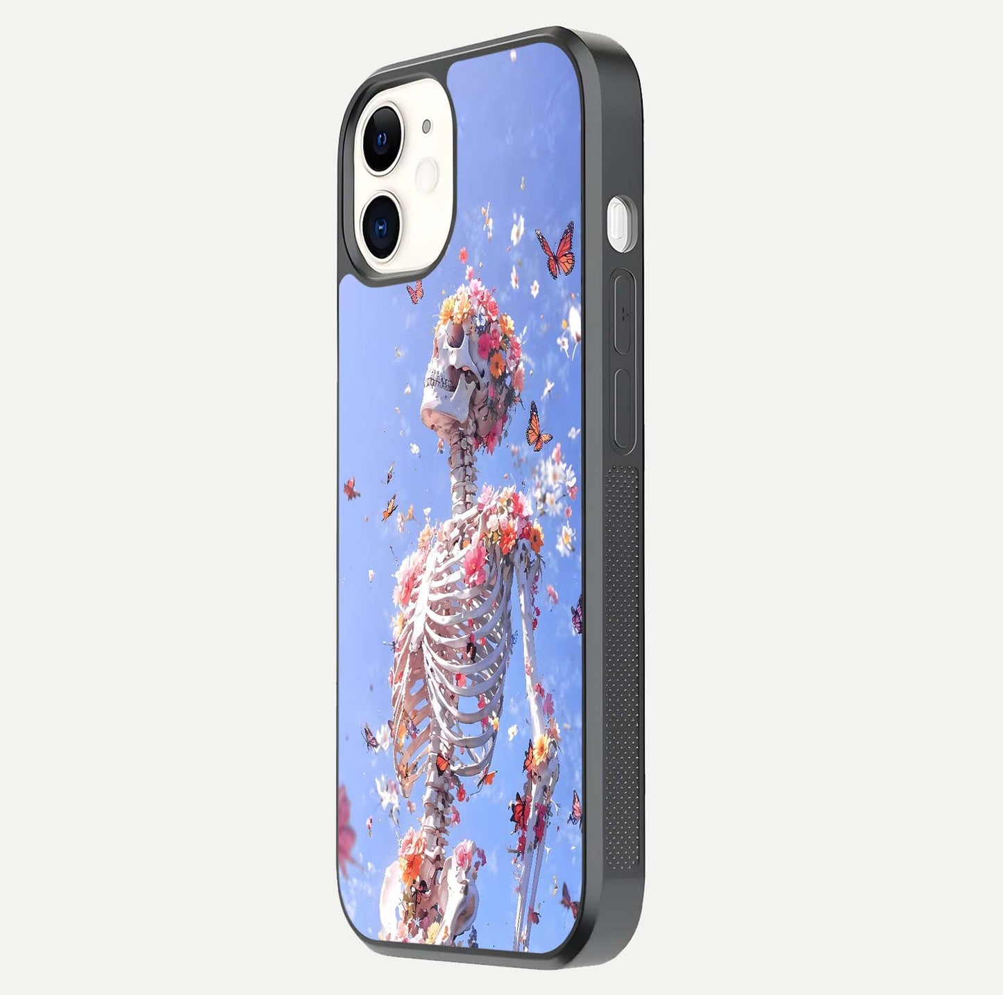Bloom Beyond Bones Glass Case for iPhone 12 Mini side-angle image highlighting print precision and gloss finish