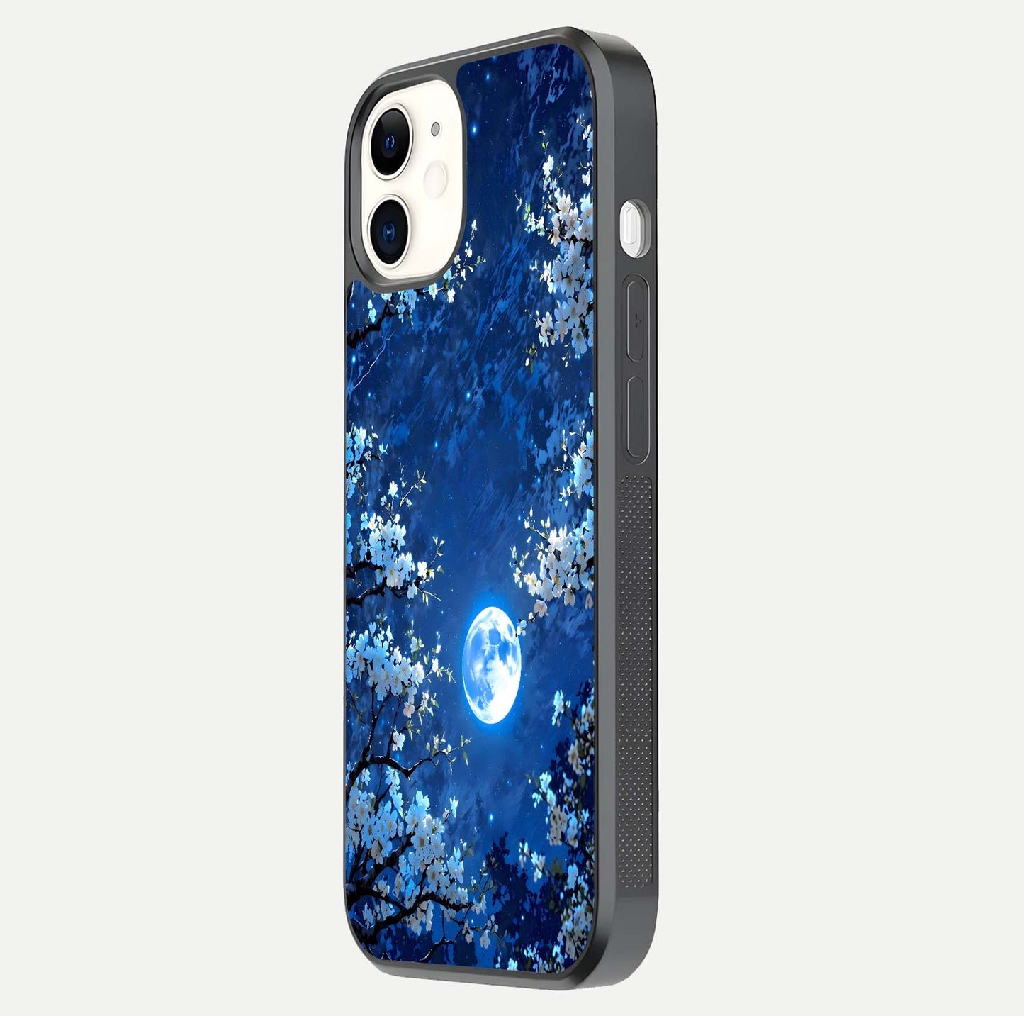 Blossom Moonlight Sky Glass Case for iPhone 12 Mini side-angle view emphasizing moonlight tones and protective edge