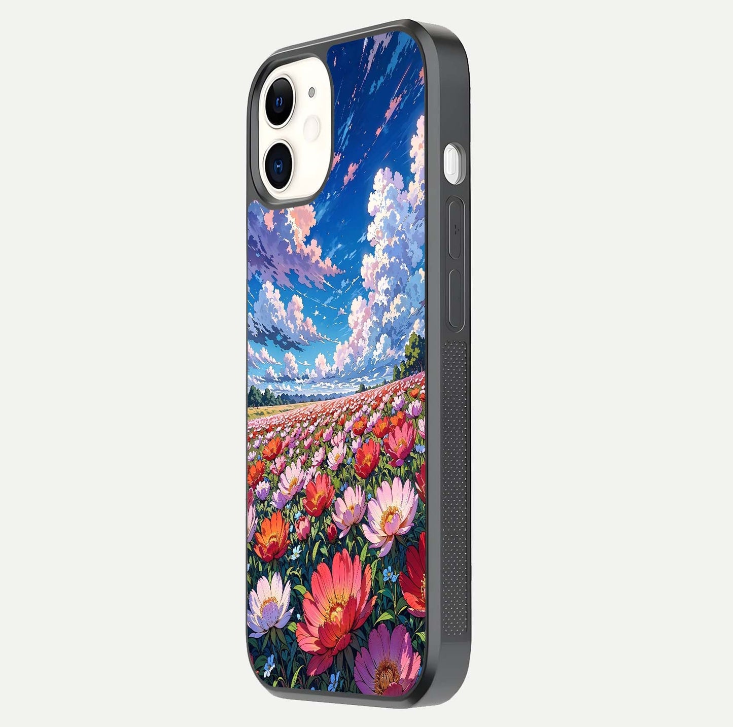 Blossom Sky Field Glass Case for iPhone 12 Mini side-angle showing sky hues, blossom texture, and reflective shine