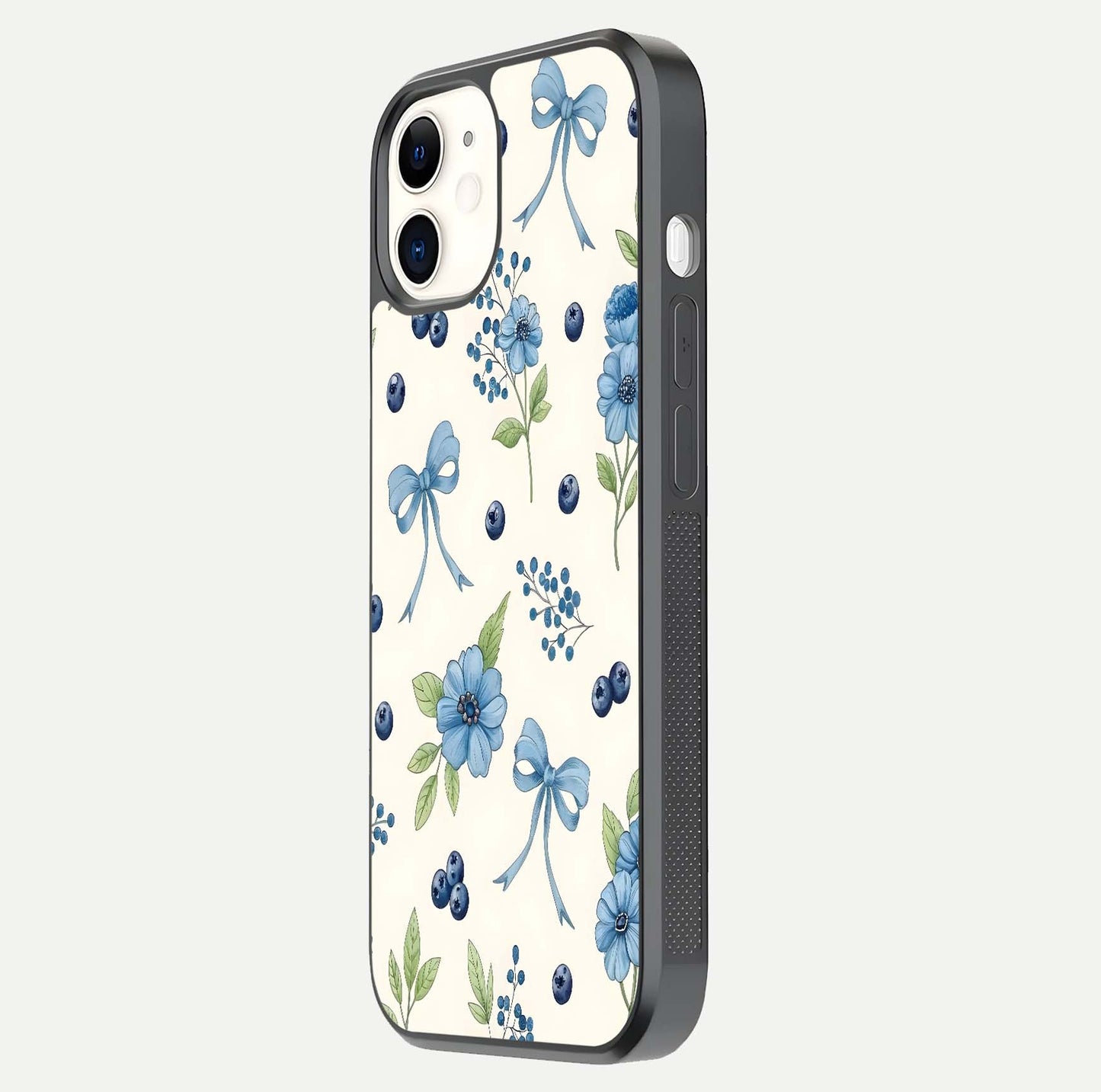 Blue Flower & Bow Glass Case for iPhone 12 Mini side-angle image showing bow-floral mix and HD finish shine