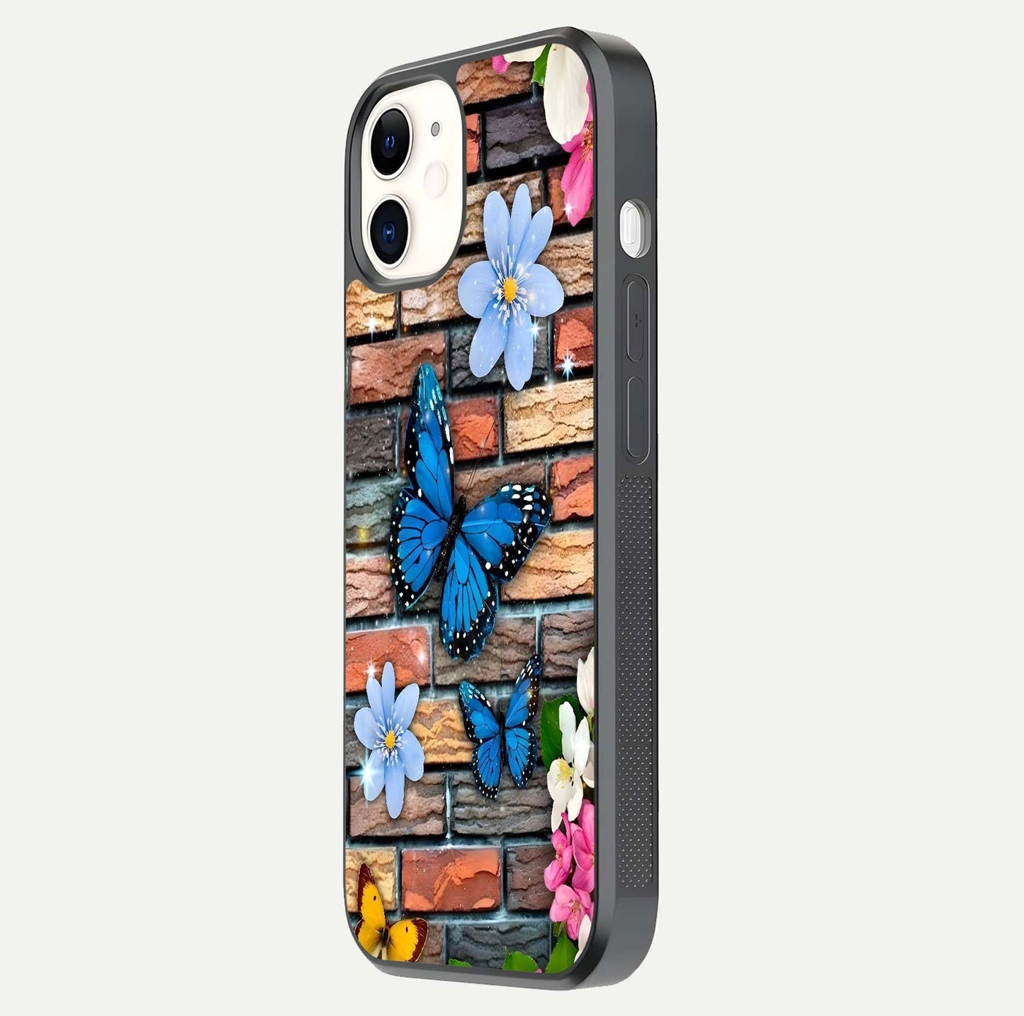 Brick Bloom Flight Glass Case for iPhone 12 Mini side-angle photo showing curve shine and detailed petal contrast