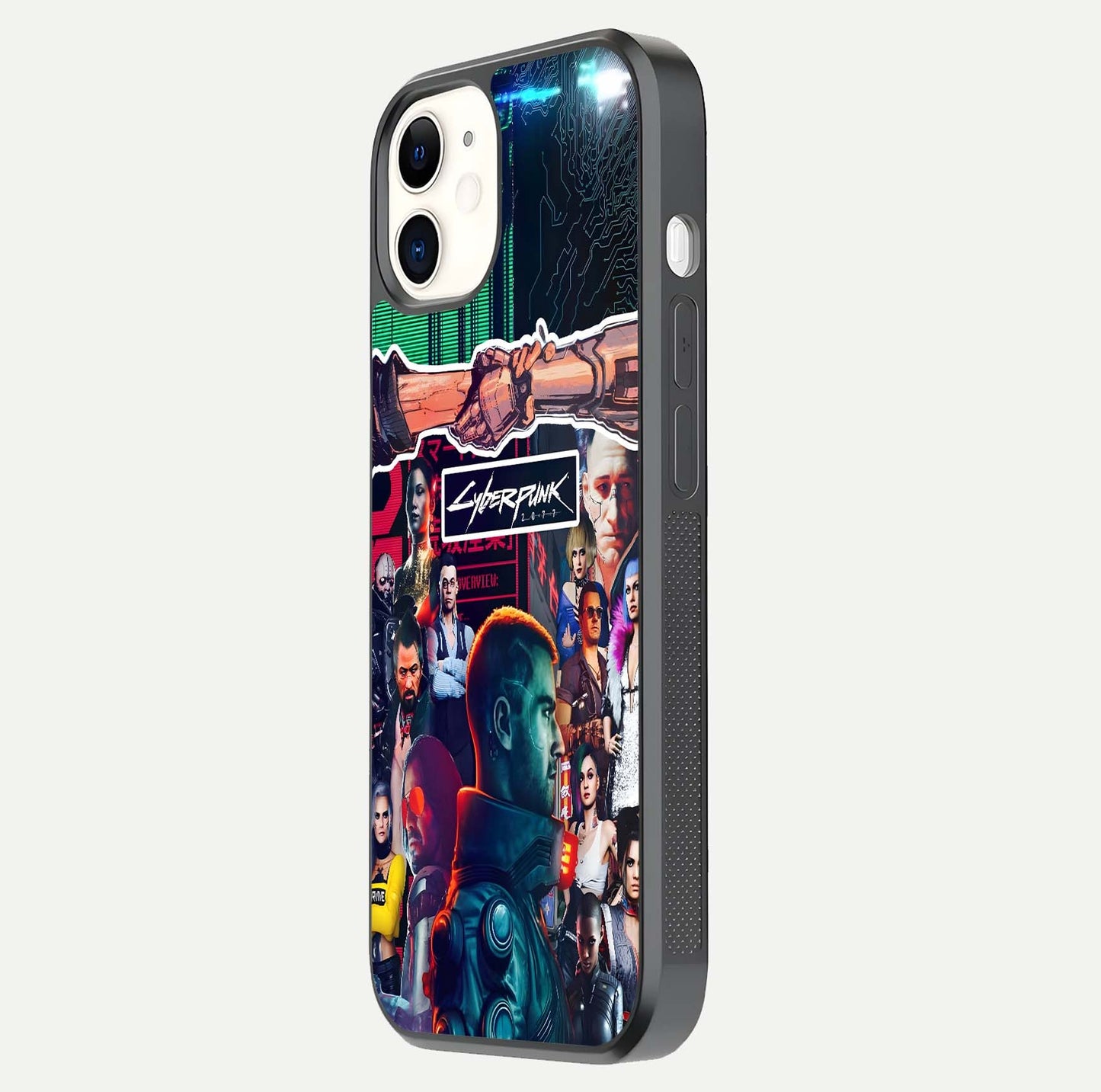 CYBERPUNK Legacy Glass Case for iPhone 12 Mini side-angle photo showing edge glow and reflective surface