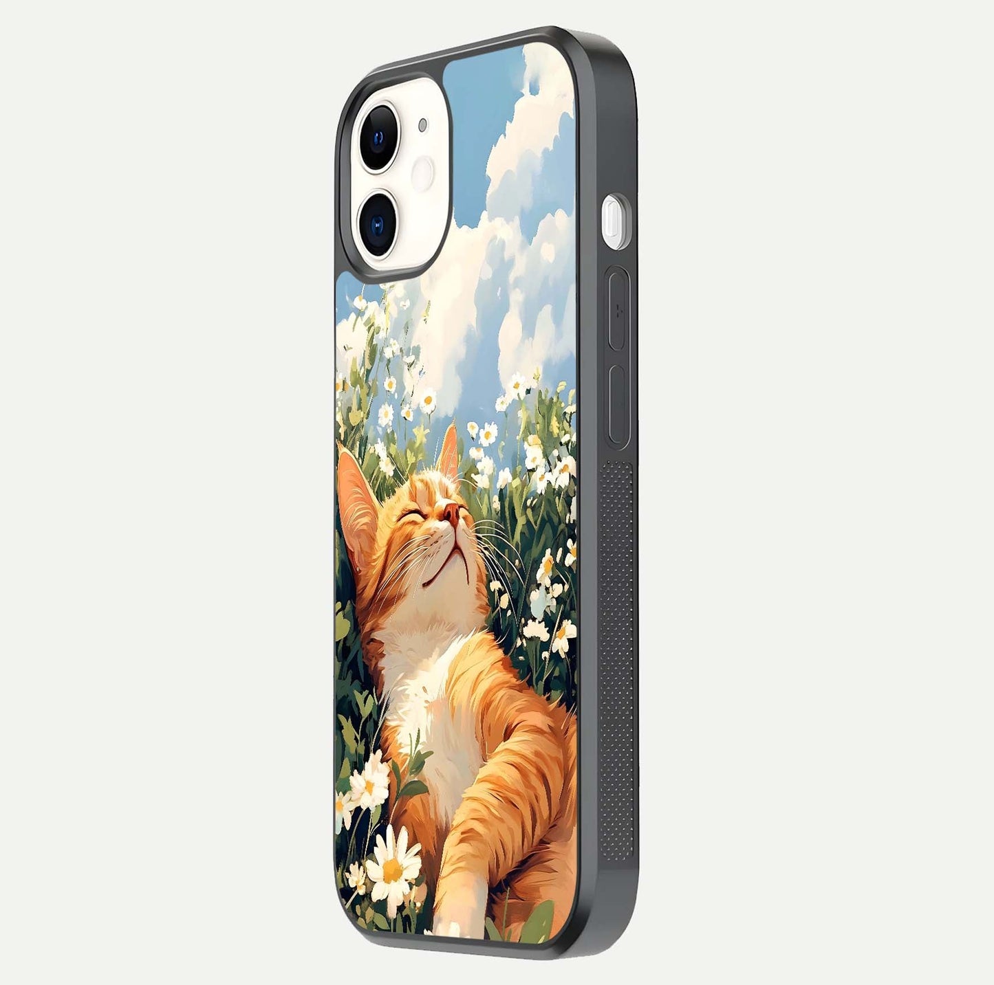 Cat & Flowers View Glass Case for iPhone 12 Mini side-angle image capturing cat print clarity and gloss tone