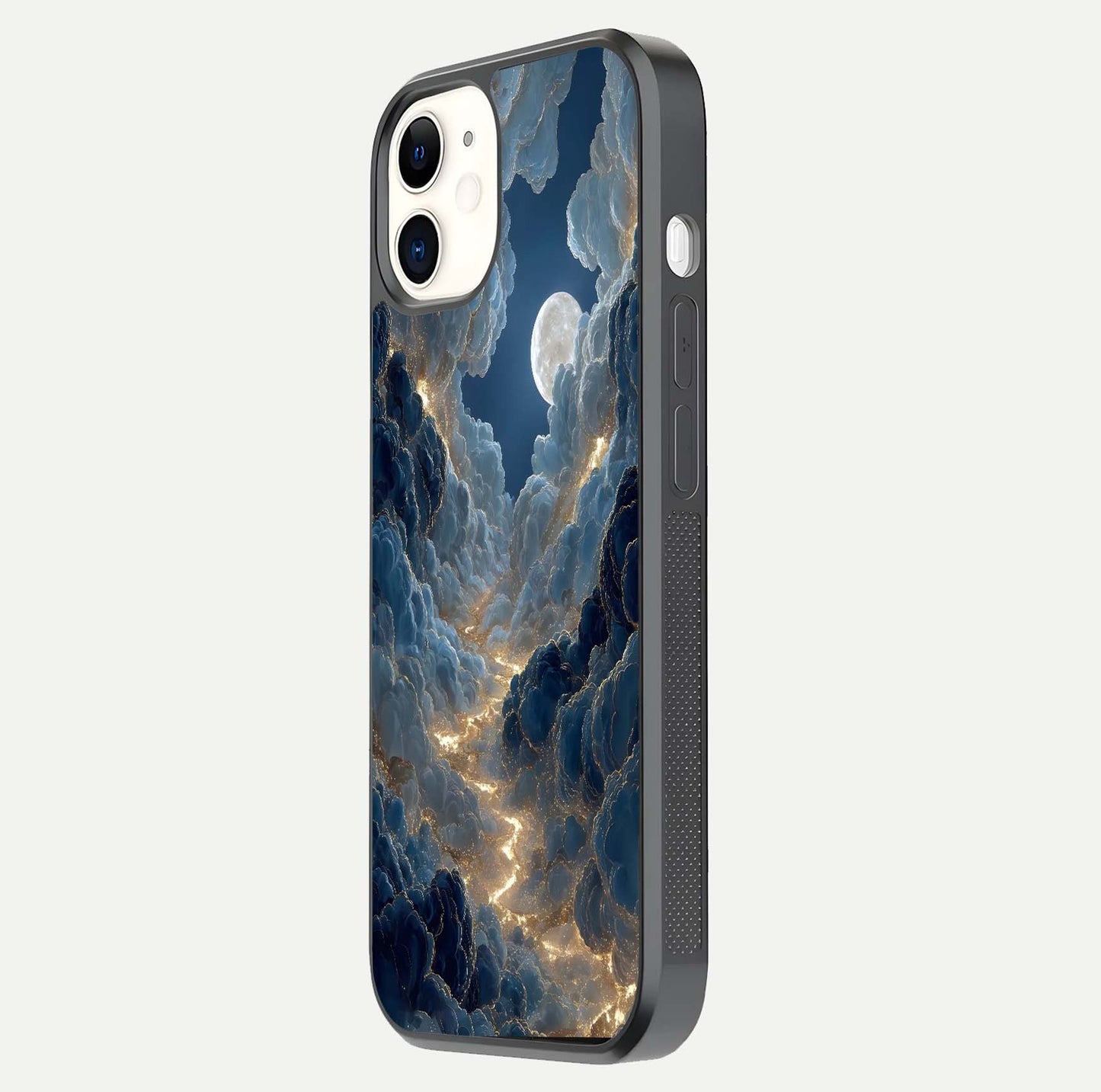 Celestial Cloud Road Glass Case for iPhone 12 Mini side-angle image showing soft pastel tones and edge clarity