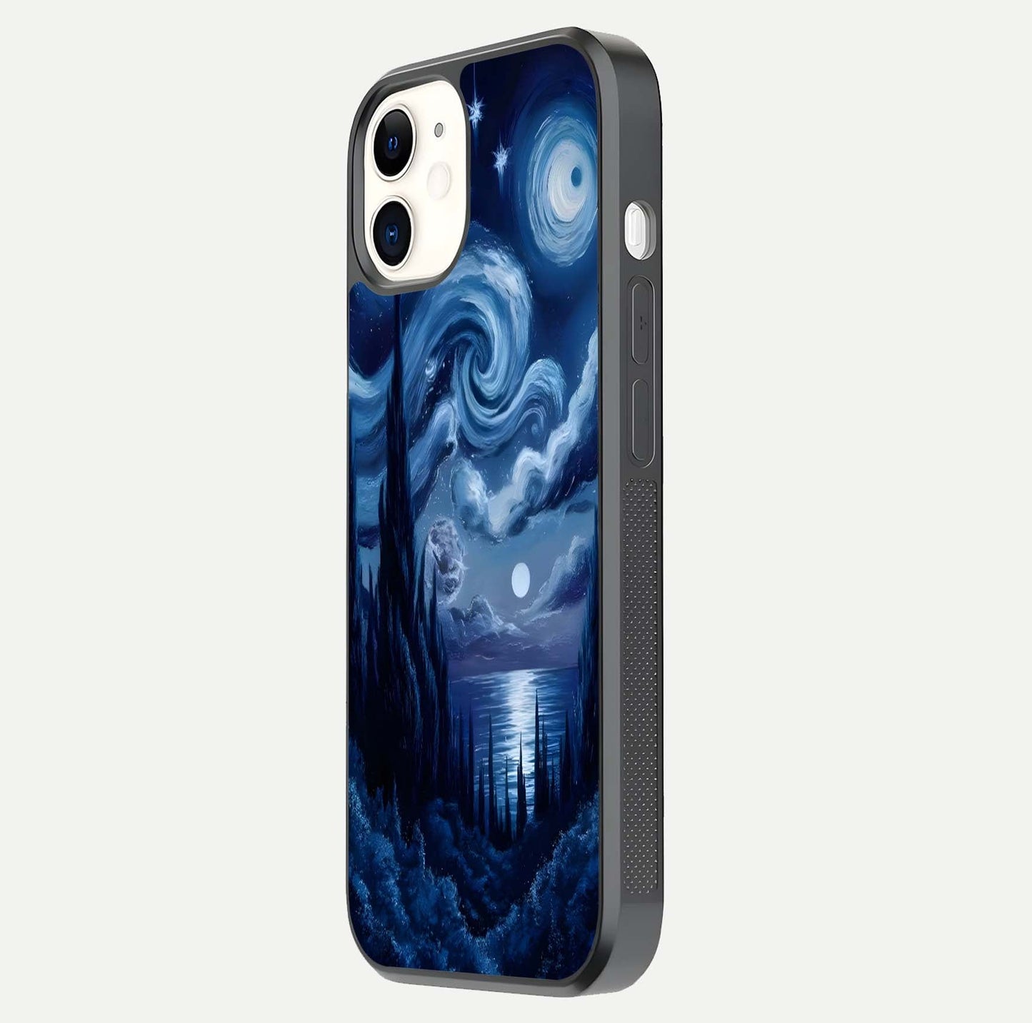 Celestial Dream Van Gogh Glass Case for iPhone 12 Mini side-angle photo showing depth swirl design and curved reflection