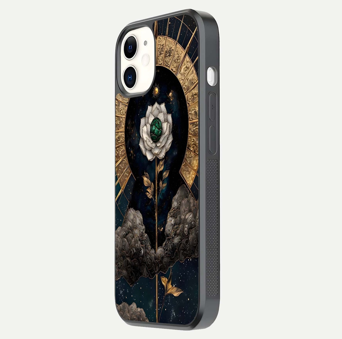 Celestial Lotus Morang Glass Case for iPhone 12 Mini side-angle image capturing shine and smooth curvature
