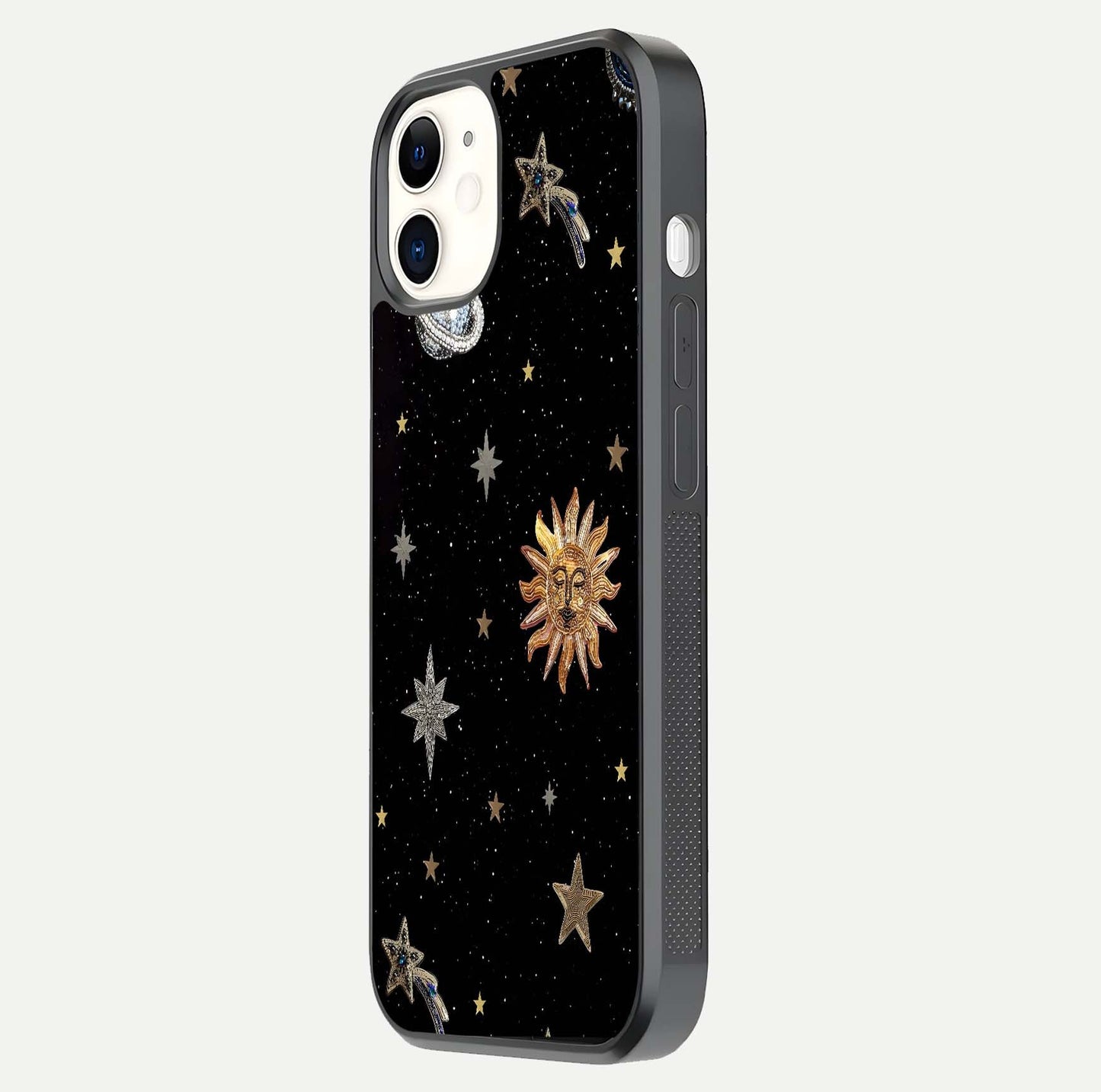 Celestial Moon With Stars Glass Case for iPhone 12 Mini side-angle view showing curved edges and shimmer glow