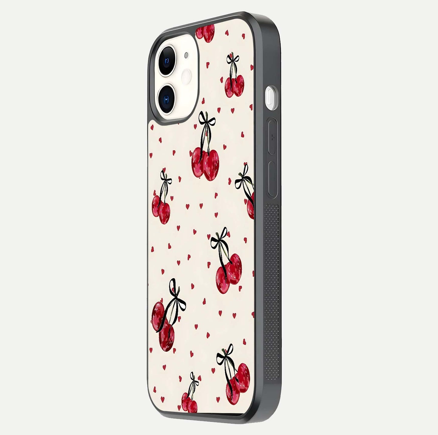 Cherry Heart Bow Glass Case for iPhone 12 Mini side-angle image capturing gloss texture and charm bow art