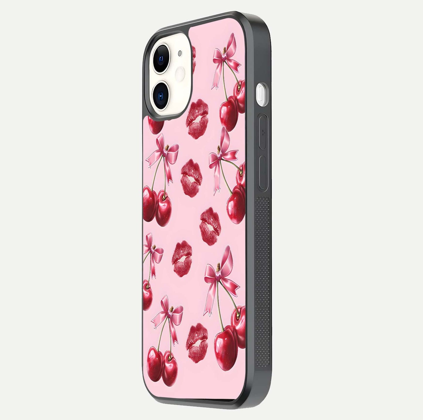 Cherry With Lips Glass Case for iPhone 12 Mini side-angle image showing gloss reflection and fine details