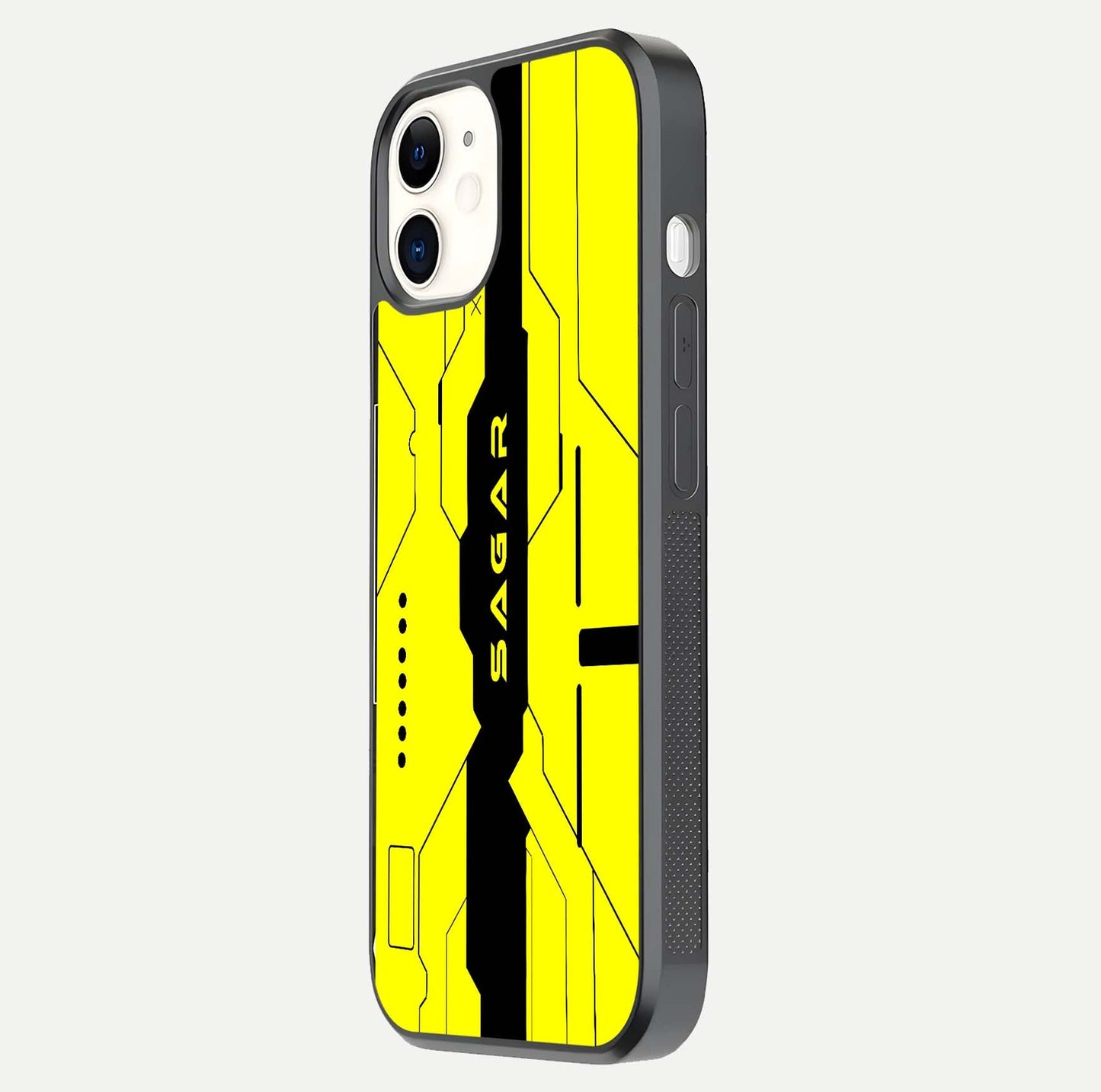 Circuit CYBERPUNK Custom Name Glass Case for iPhone 12 Mini side-angle image showing reflective finish and design precision