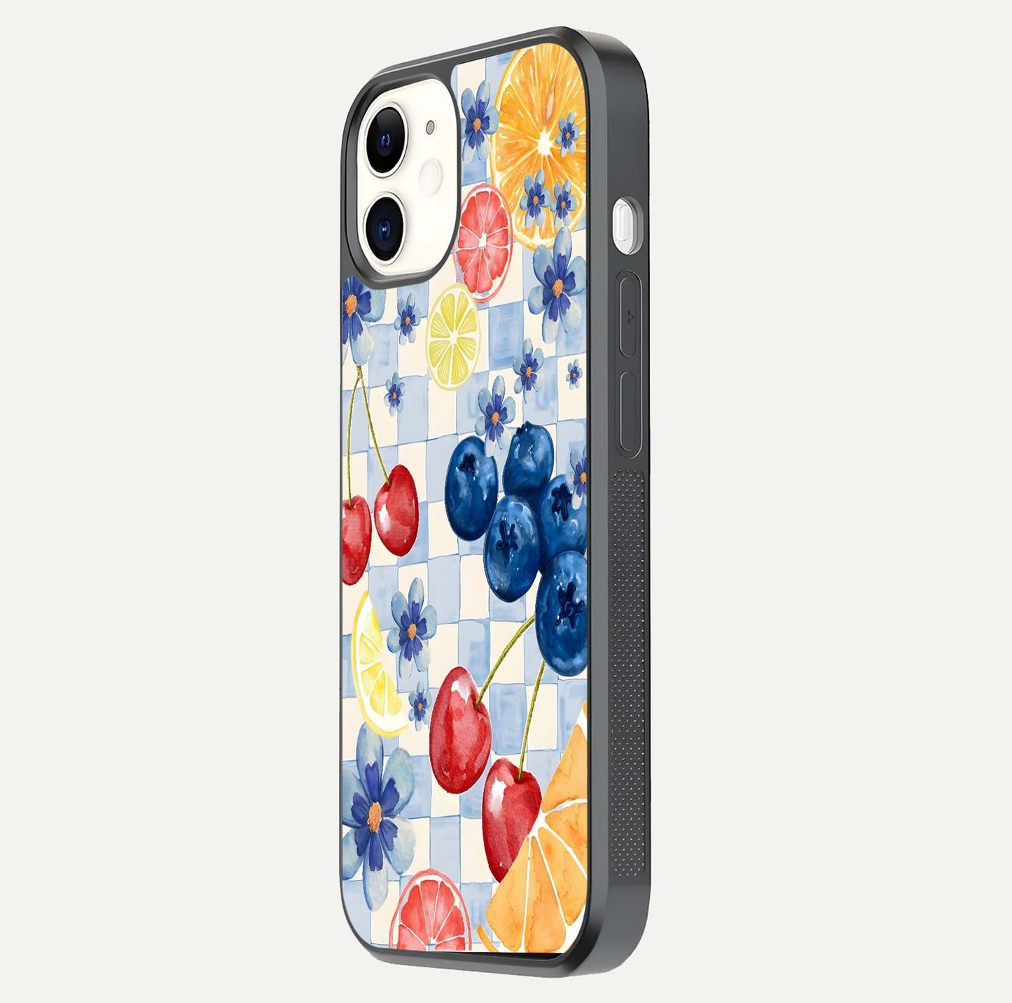 Citrus Bloom Joy Glass Case for iPhone 12 Mini side-angle photo capturing bright color and glass reflection