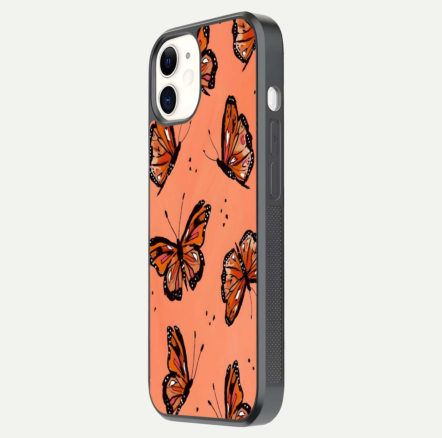 Coral Wing Butterfly Glass Case for iPhone 12 Mini side-angle photo showing reflective finish and smooth edges