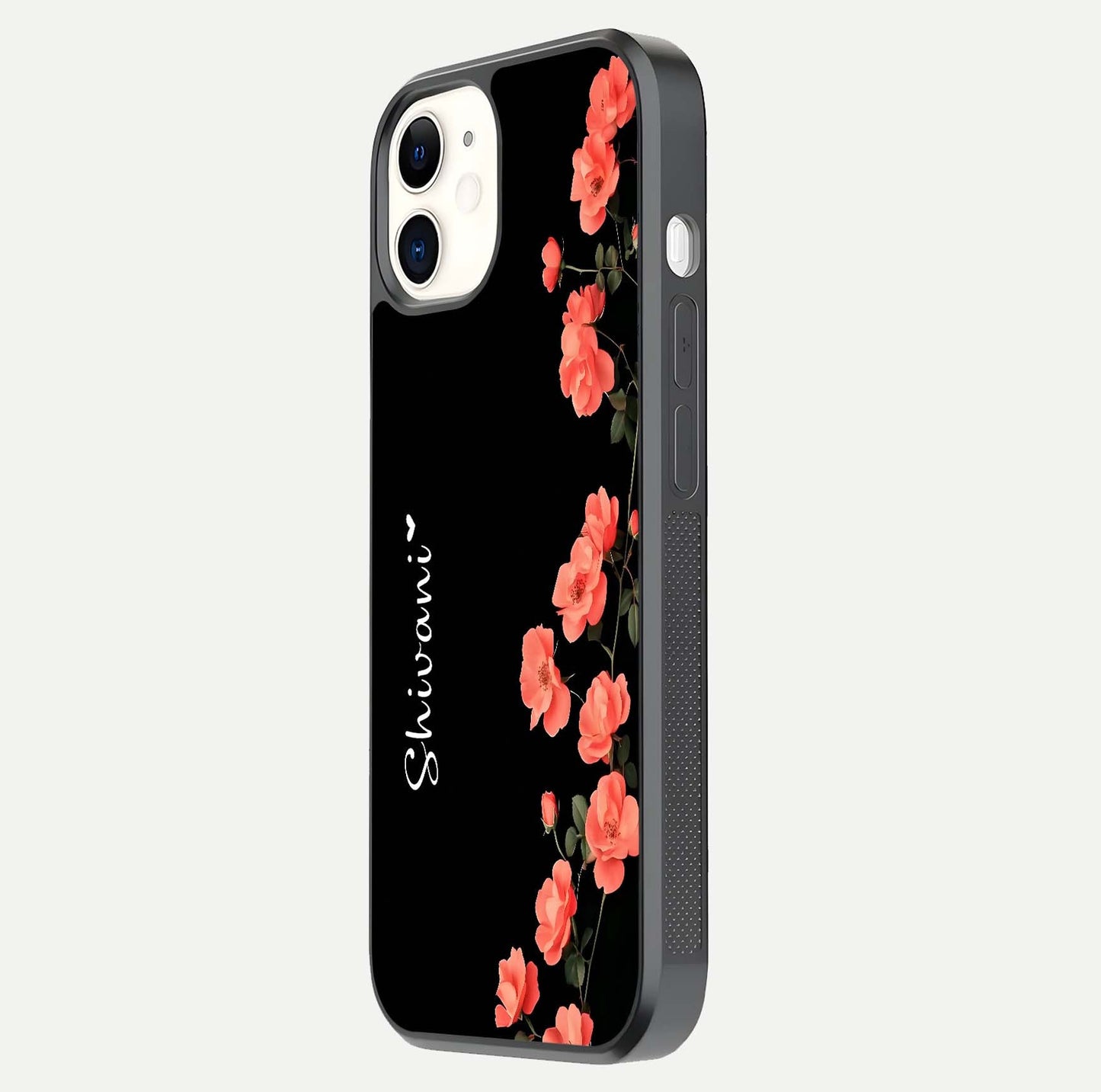 Crimson Bloom Grace Custom Name Glass Case for iPhone 12 Mini side-angle photo capturing edge glow and name clarity