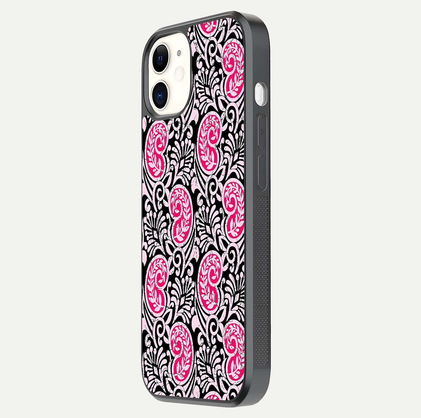 Crimson Paisley Charm Glass Case for iPhone 12 Mini side-angle image showing reflection and smooth edges