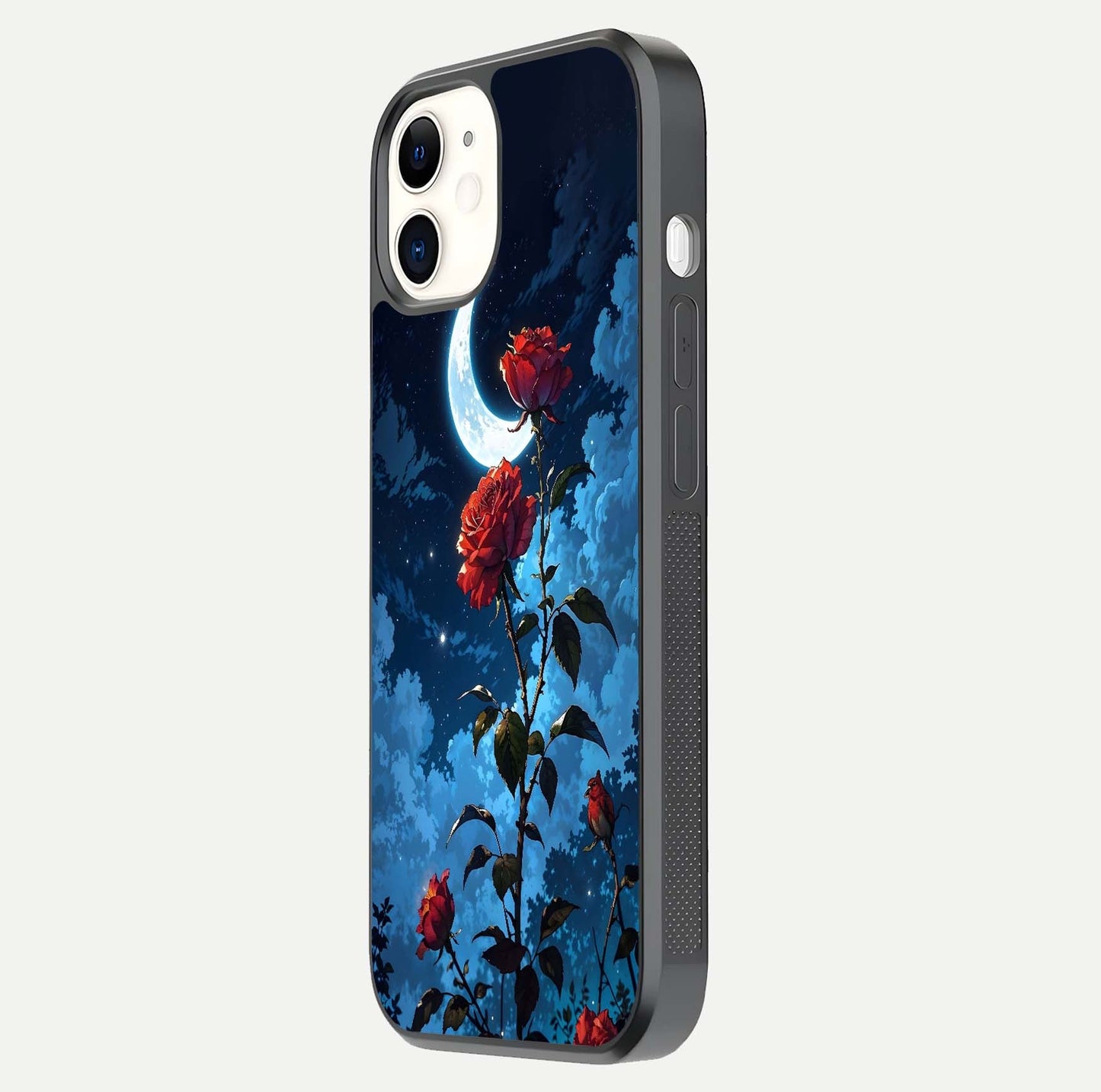 Crimson Rose Moon Glass Case for iPhone 12 Mini side-angle photo showing reflective texture and smooth curve