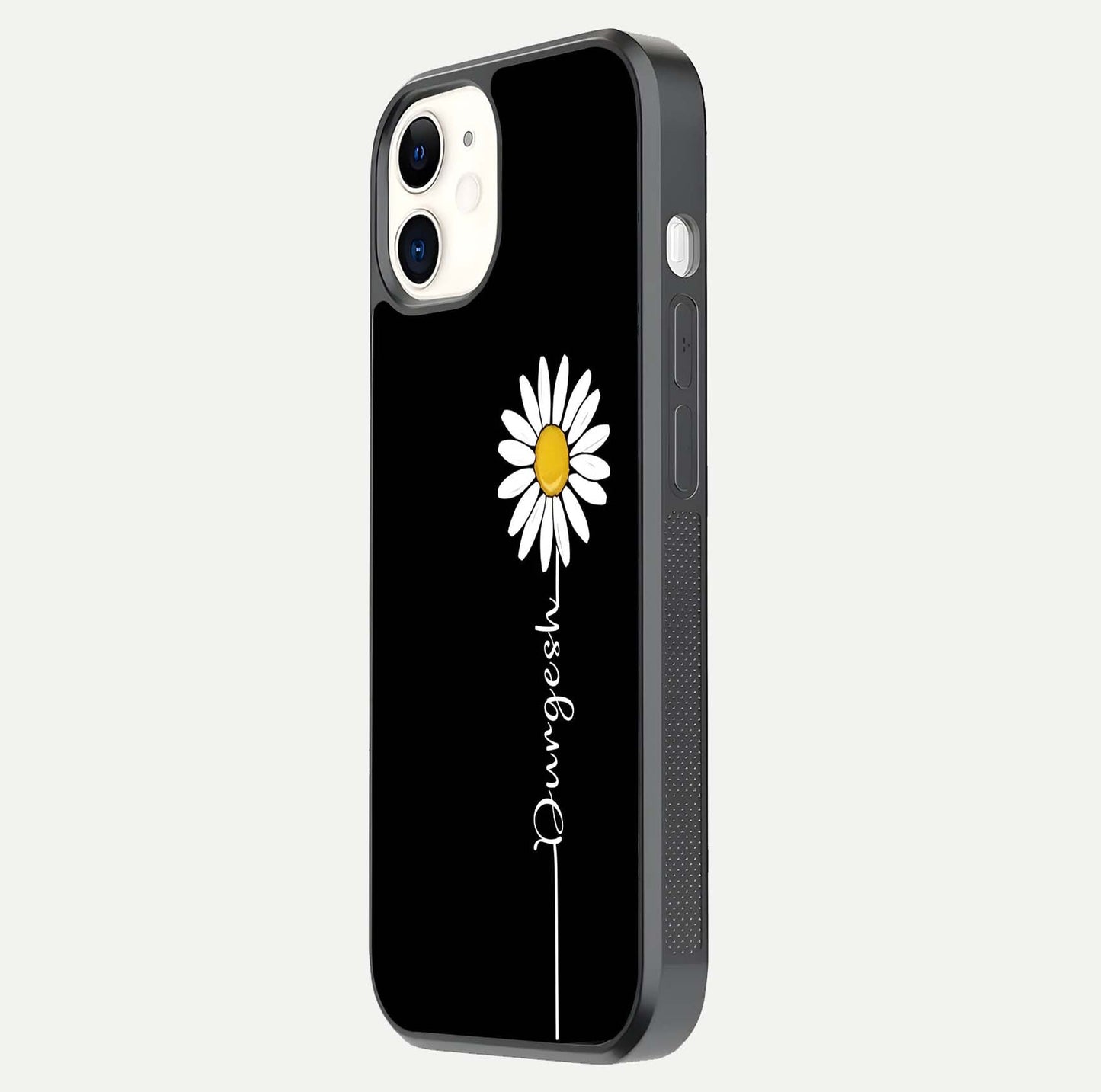 Custom Name White Flower Glass Case for iPhone 12 Mini side-angle photo showing reflection shine and name clarity