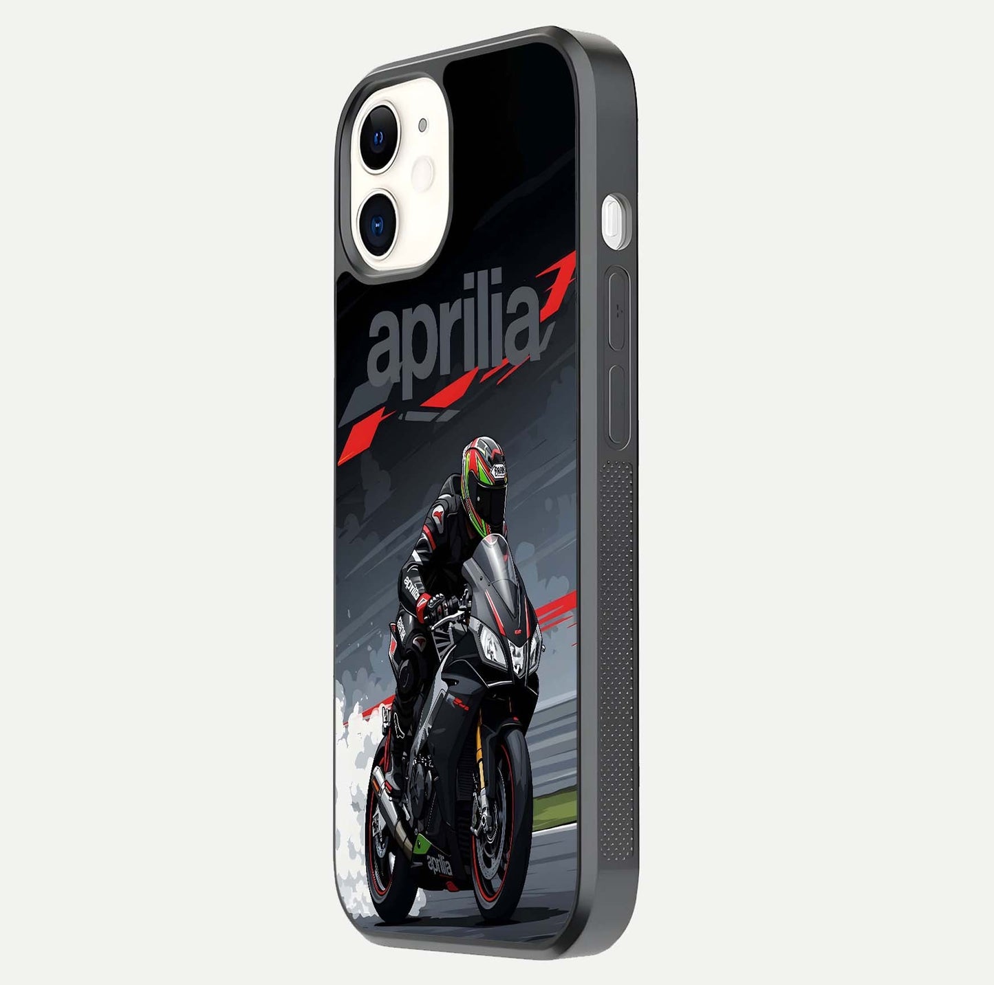 Dark Aprilla Glass Case for iPhone 12 Mini side-angle photo showing reflection gloss and curved edge finish