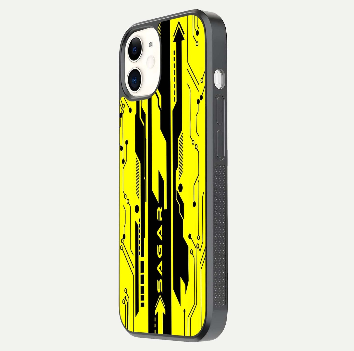 Electric Pulse CYBERPUNK Custom Name Glass Case for iPhone 12 Mini side-angle image showing glossy reflection and edge illumination