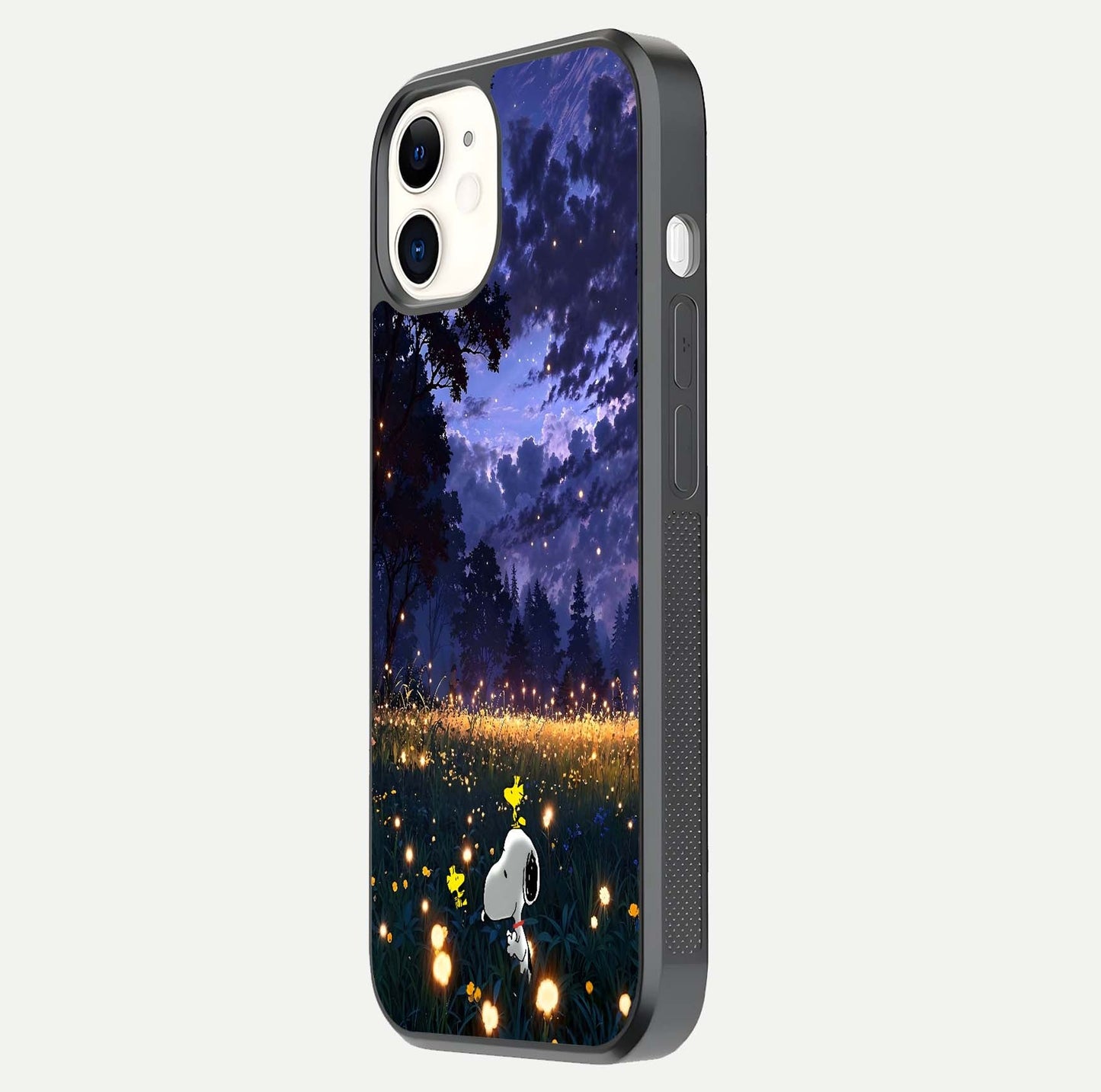 Firefly Meadow Magic Glass Case for iPhone 12 Mini side-angle image capturing glow reflection and fine texture