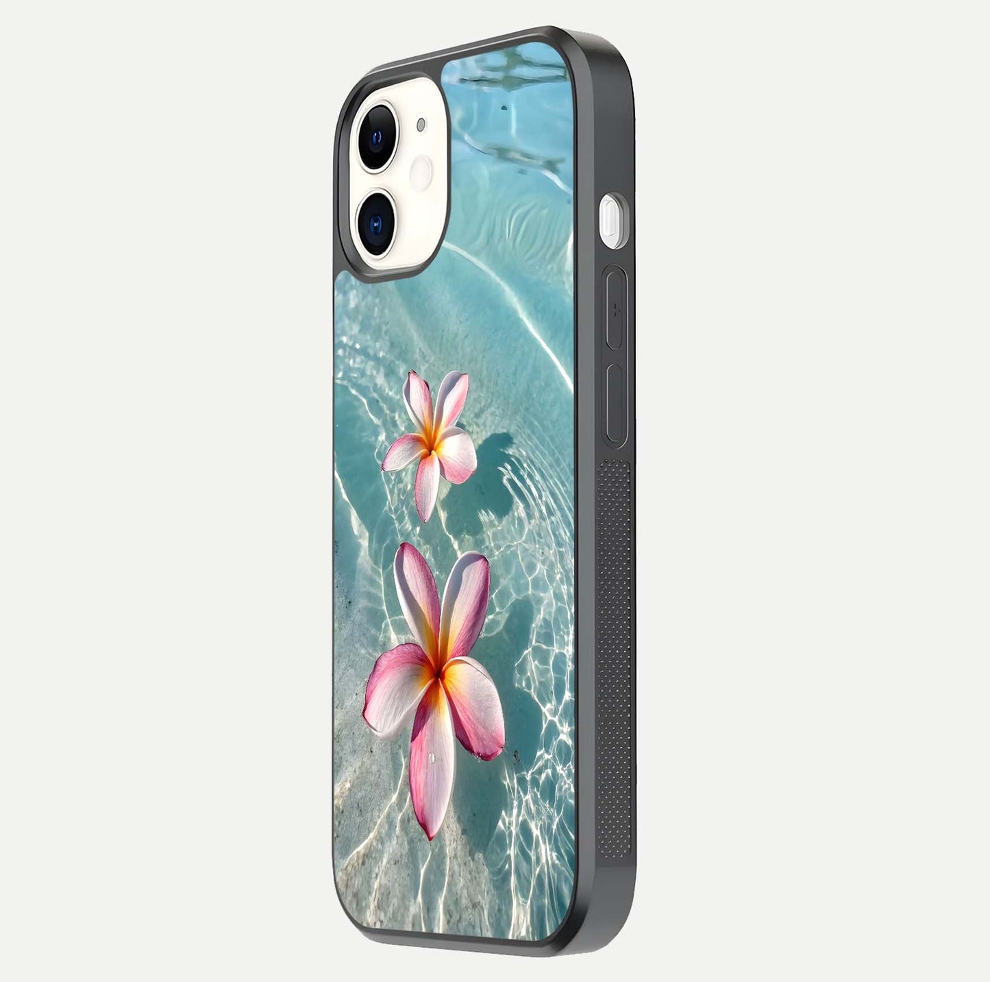 Floating Bloom Bliss Glass Case for iPhone 12 Mini side-angle photo showing smooth reflection and elegant curve