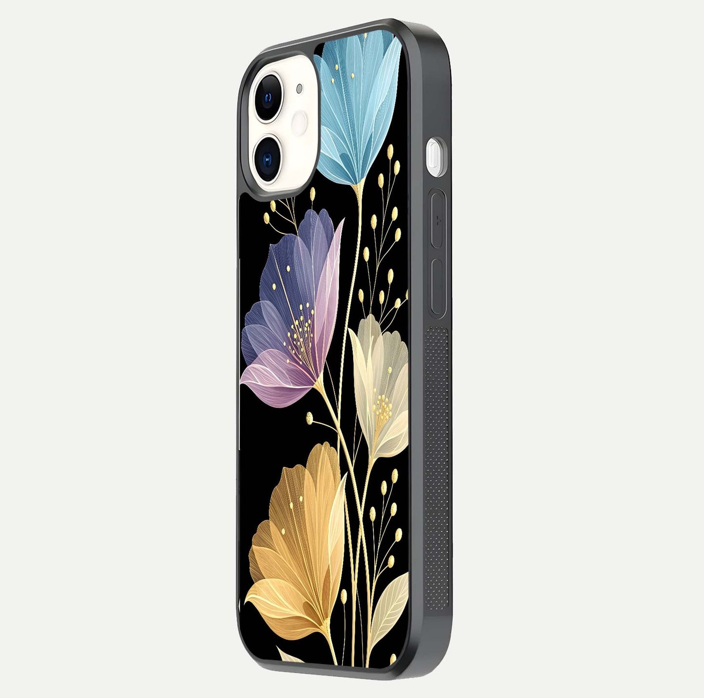 Flower Bloom Glow Glass Case for iPhone 12 Mini side-angle image capturing gloss reflection and flower glow