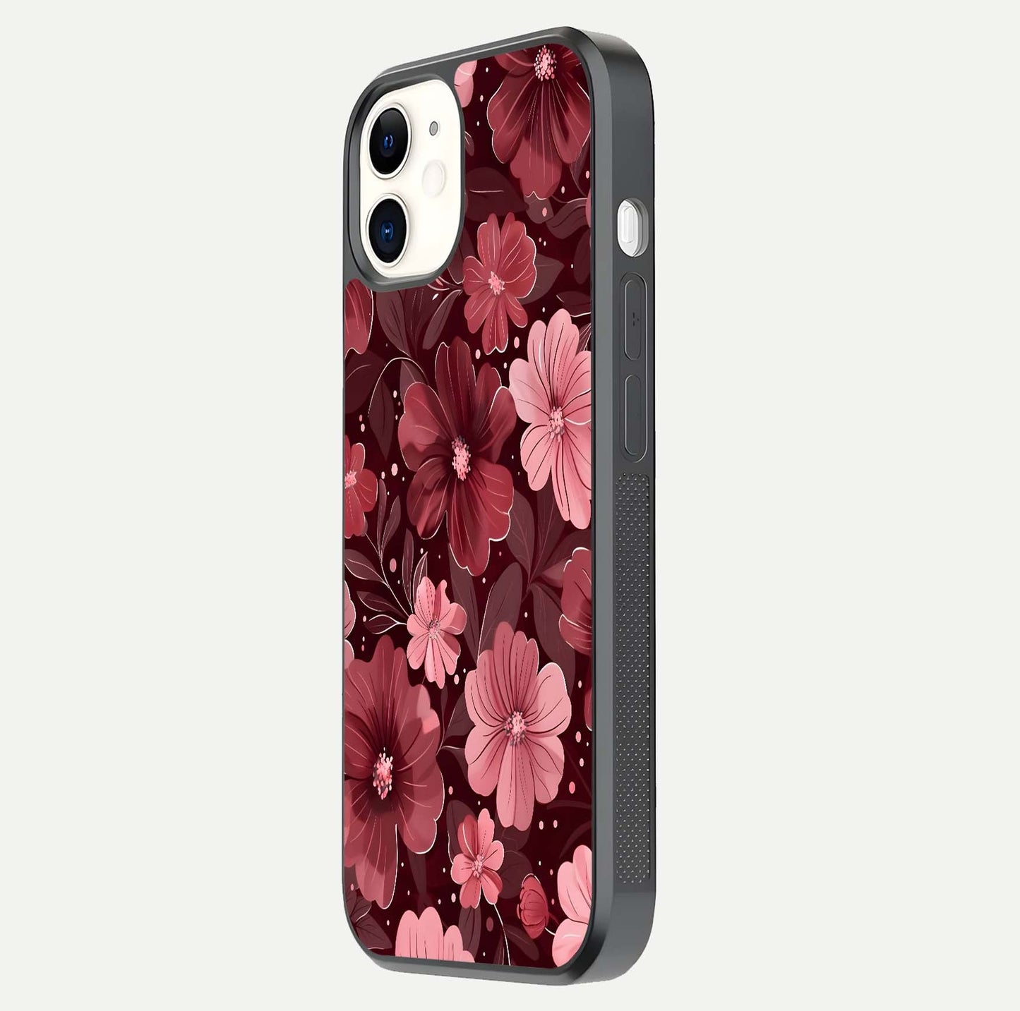 Flower Blush Bloom Glass Case for iPhone 12 Mini side-angle photo showing glass reflection and delicate hues