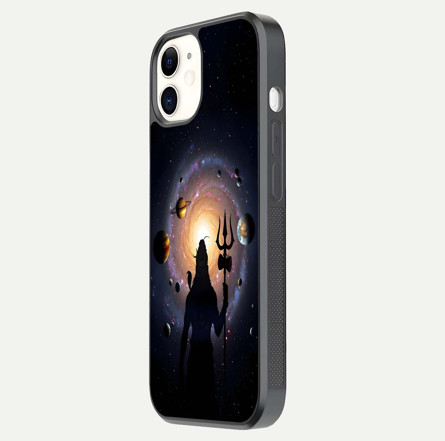 Galactic Shiva Vision Glass Case for iPhone 12 Mini side-angle image showing light reflection, glass edges, and spiritual cosmic theme