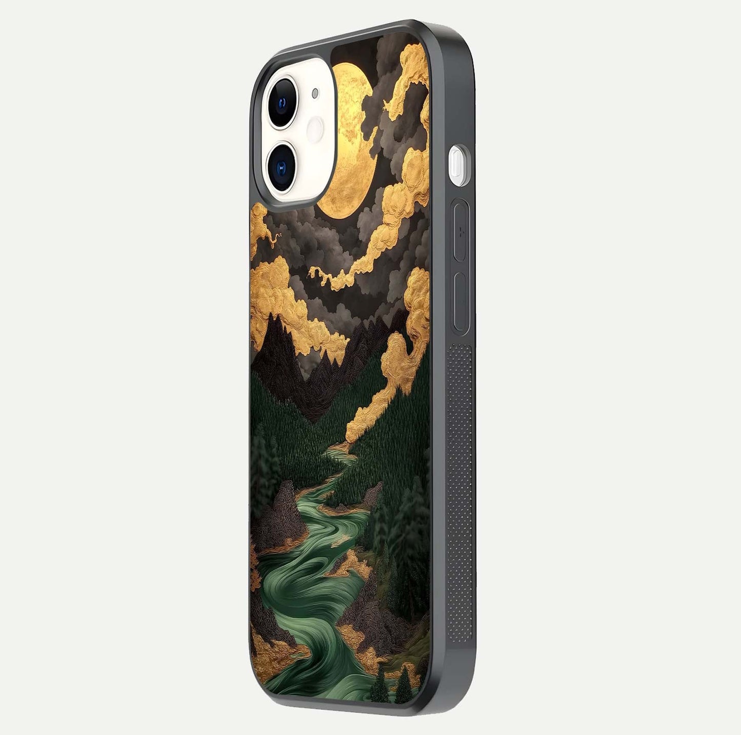 Golden River Moon Glass Case for iPhone 12 Mini side-angle image showing reflection clarity and detailed nightscape