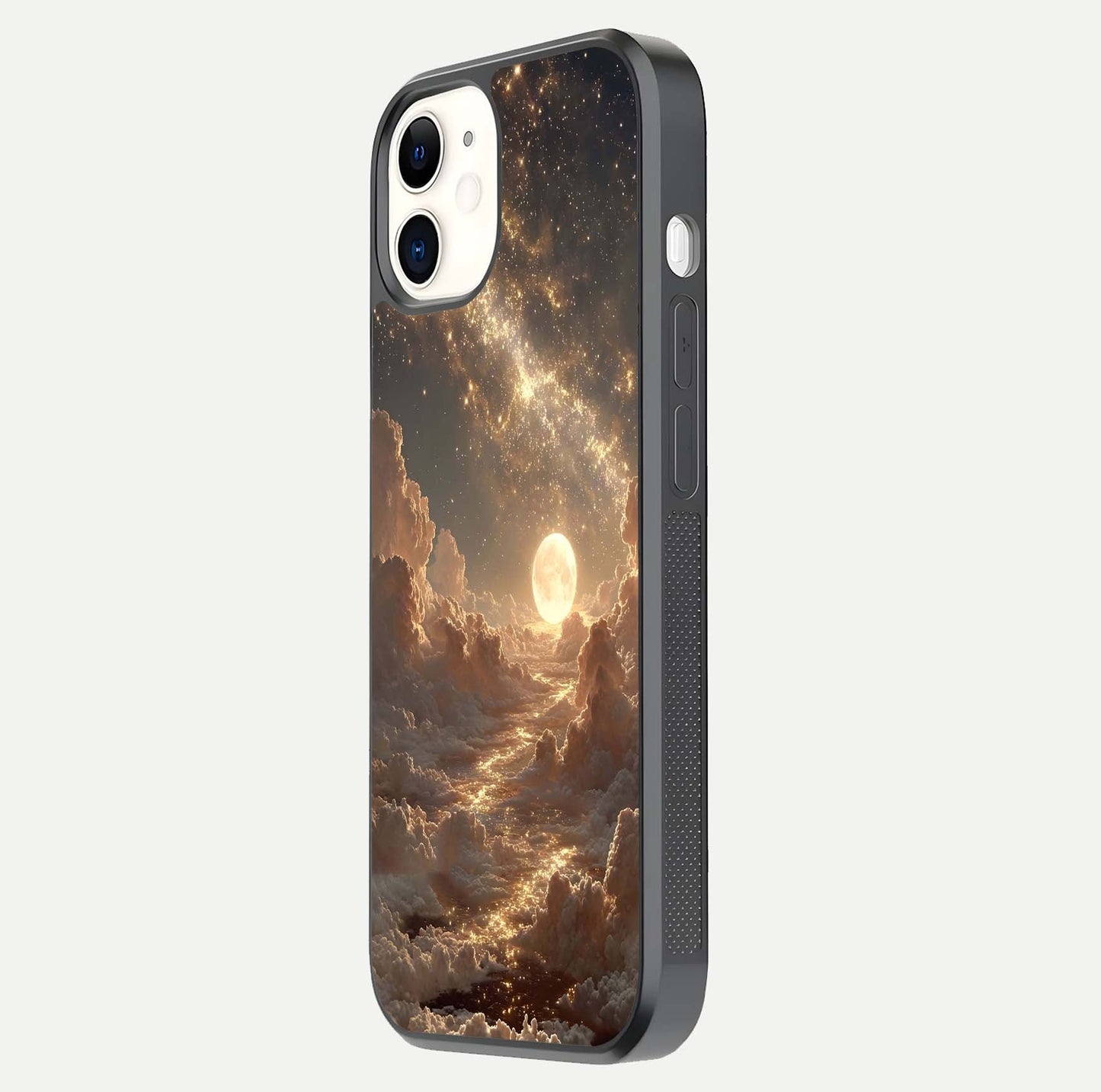Golden Sky Dream Glass Case for iPhone 12 Mini side-angle image showing reflection shine and smooth surface