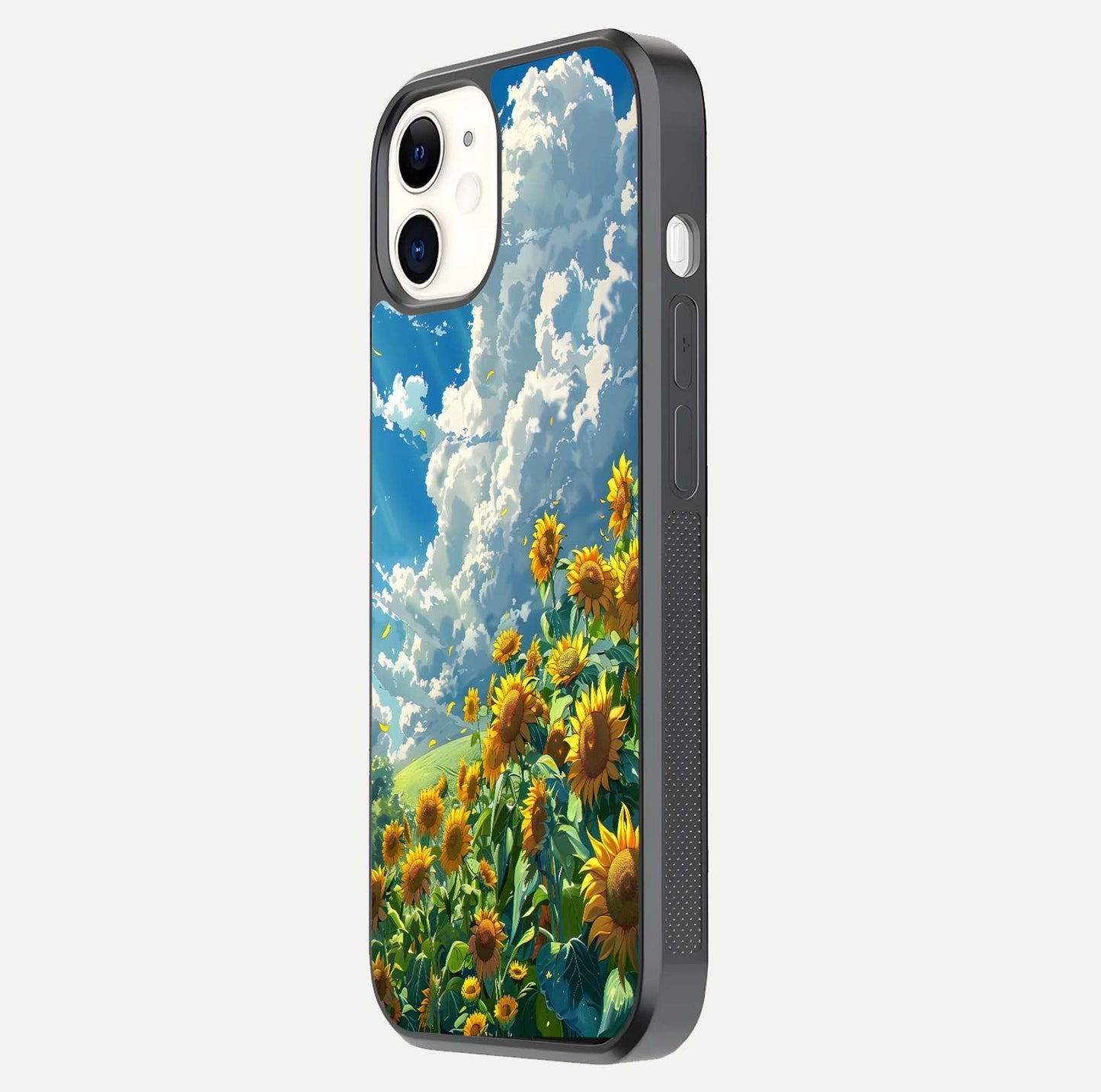 Golden Sun Glory Glass Case for iPhone 12 Mini side-angle image showing reflection glow and luminous texture