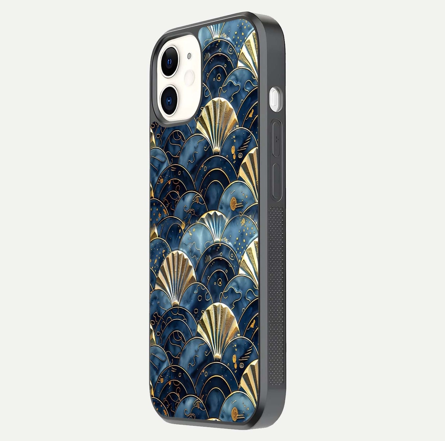 Golden Wave Luxe Glass Case for iPhone 12 Mini side-angle image showing reflection clarity and polished finish