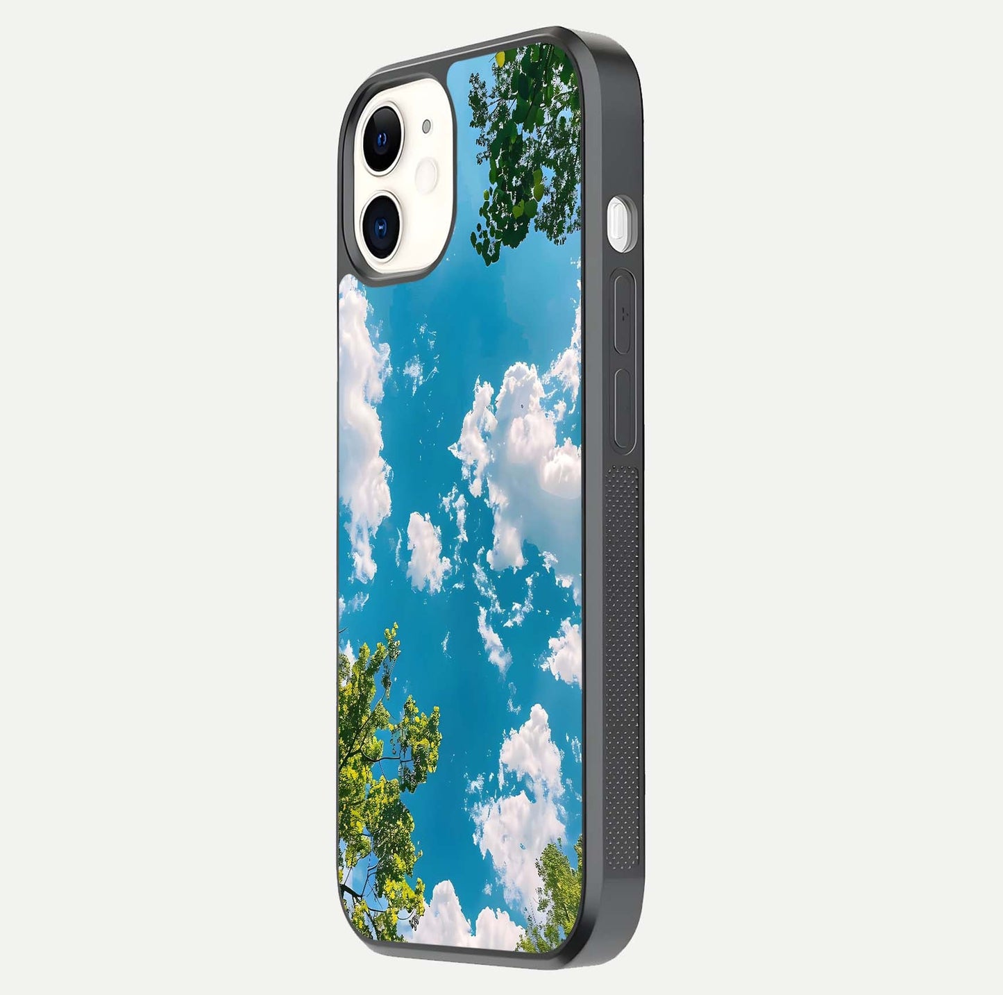Greenery Sky Glass Case for iPhone 12 Mini side-angle image showing reflection glow and nature-themed pattern