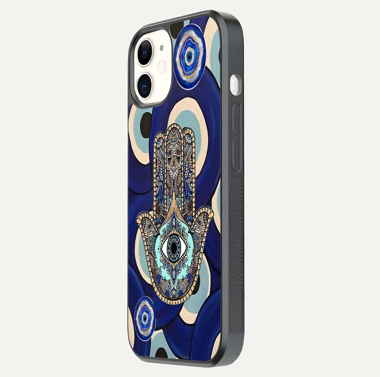 Hamsa Divine Guard Glass Case for iPhone 12 Mini side-angle image showing reflection brilliance and protective design