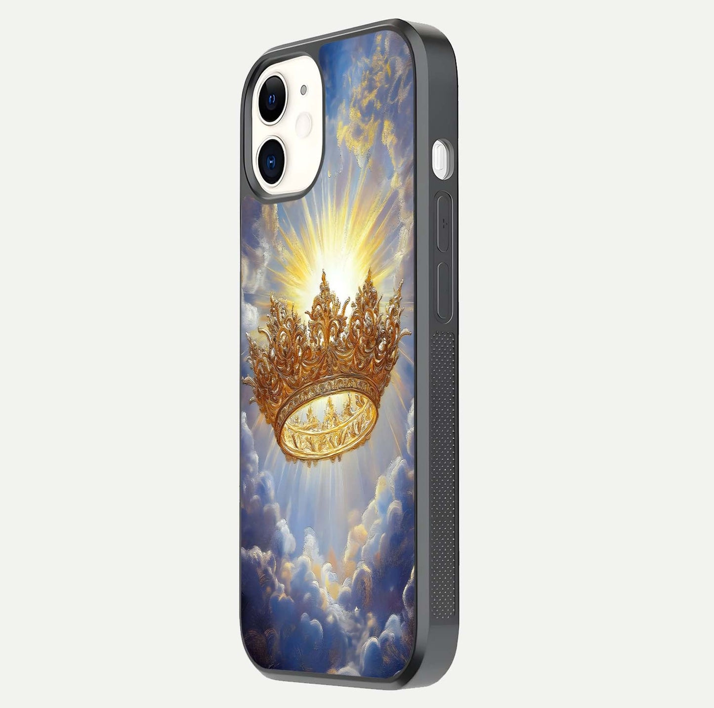 Heavenly Crown Light Glass Case for iPhone 12 Mini side-angle image showing reflection brilliance and elegant divine art