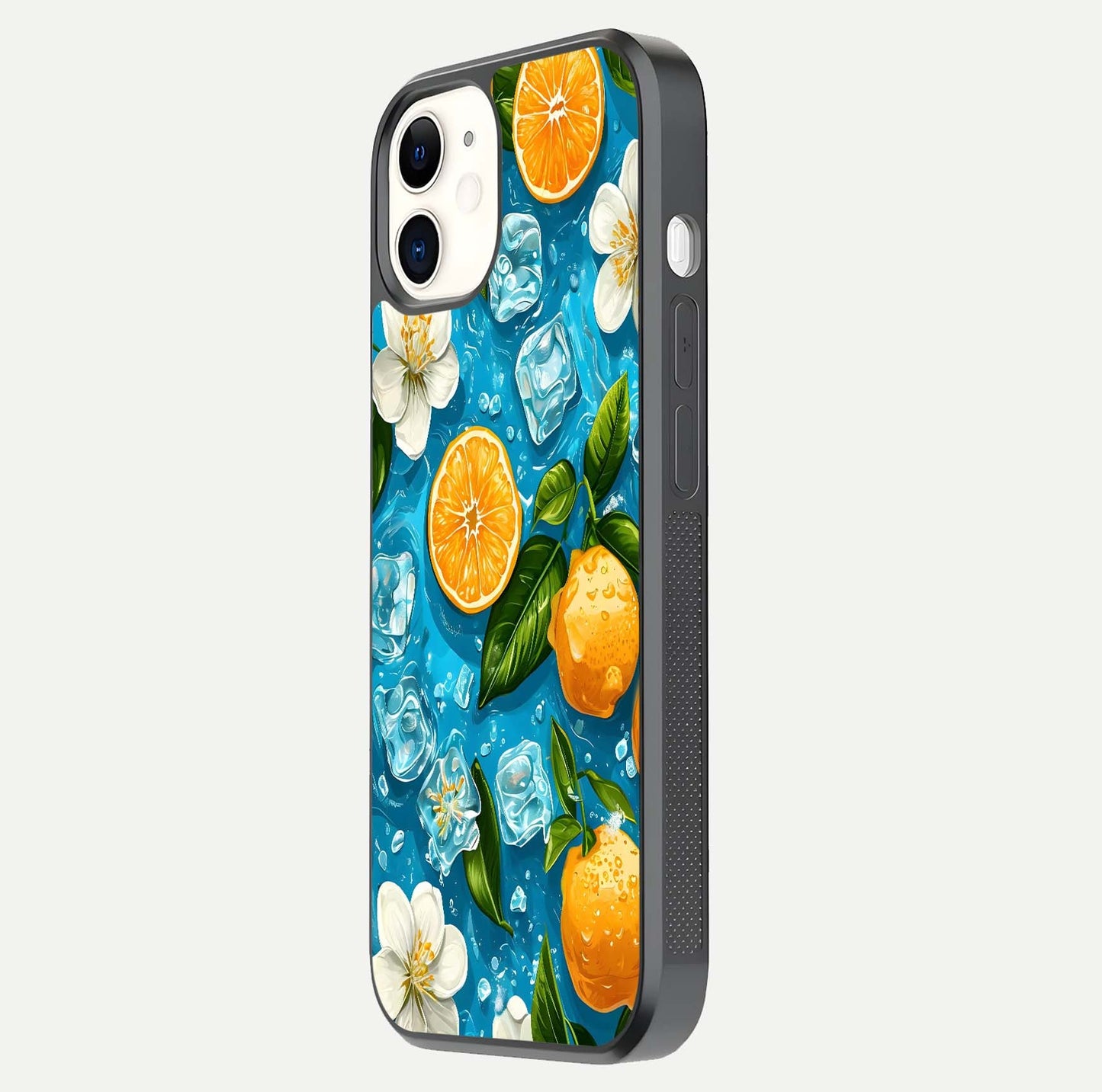Ice Cube With Orange Glass Case for iPhone 12 Mini side-angle image showing reflection brightness and juicy pattern detail