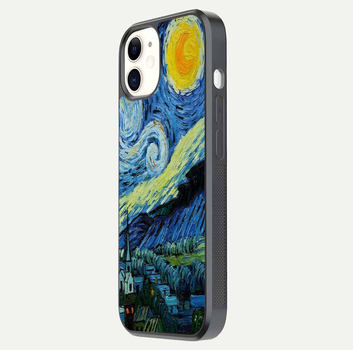 Inspired Van Gogh Art Glass Case for iPhone 12 Mini side-angle image showing reflection brilliance and painted surface look
