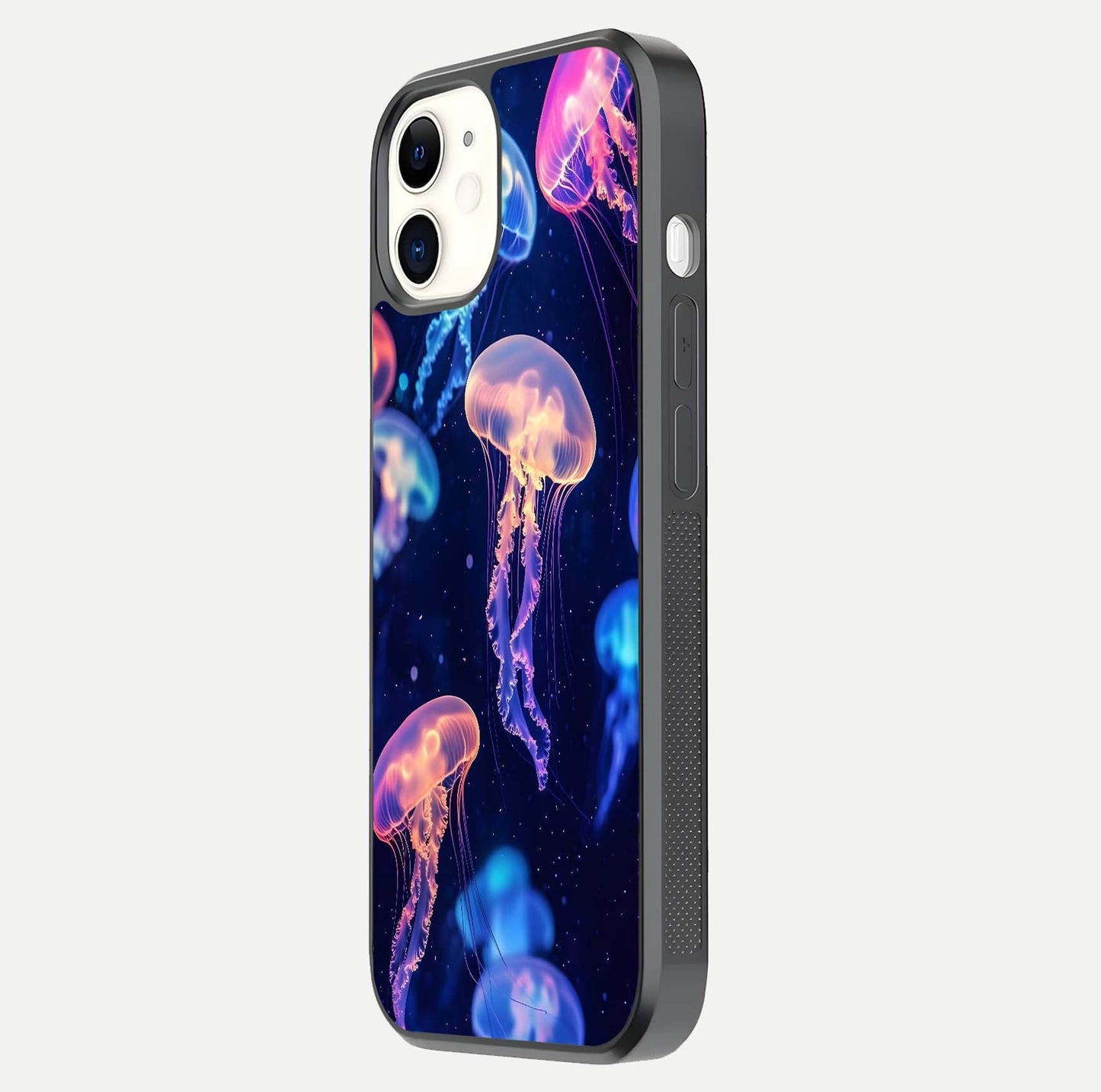 Jellyfish Pattern Glass Case for iPhone 12 Mini side-angle image showing reflection glow and soft water-blue gradient