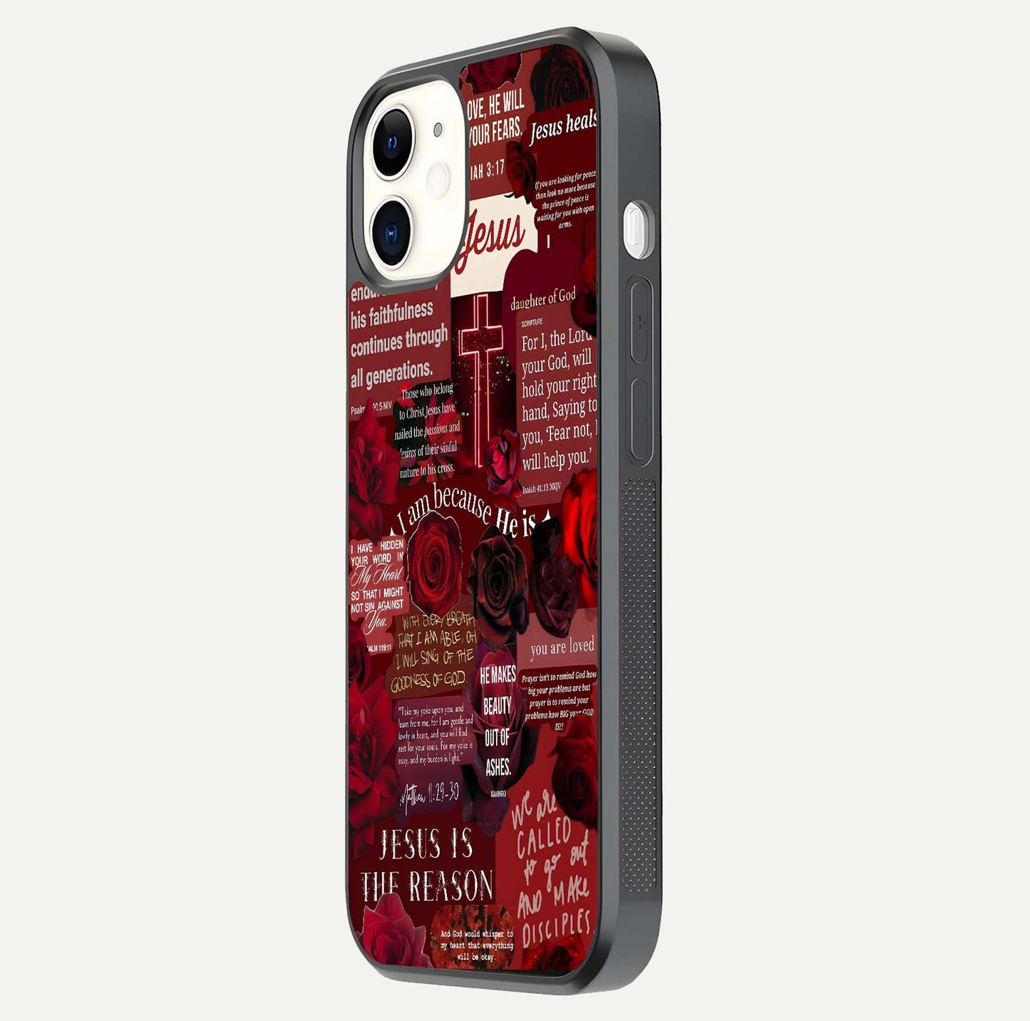 Jesus Love Heals Glass Case for iPhone 12 Mini side-angle image highlighting gloss depth and spiritual aura