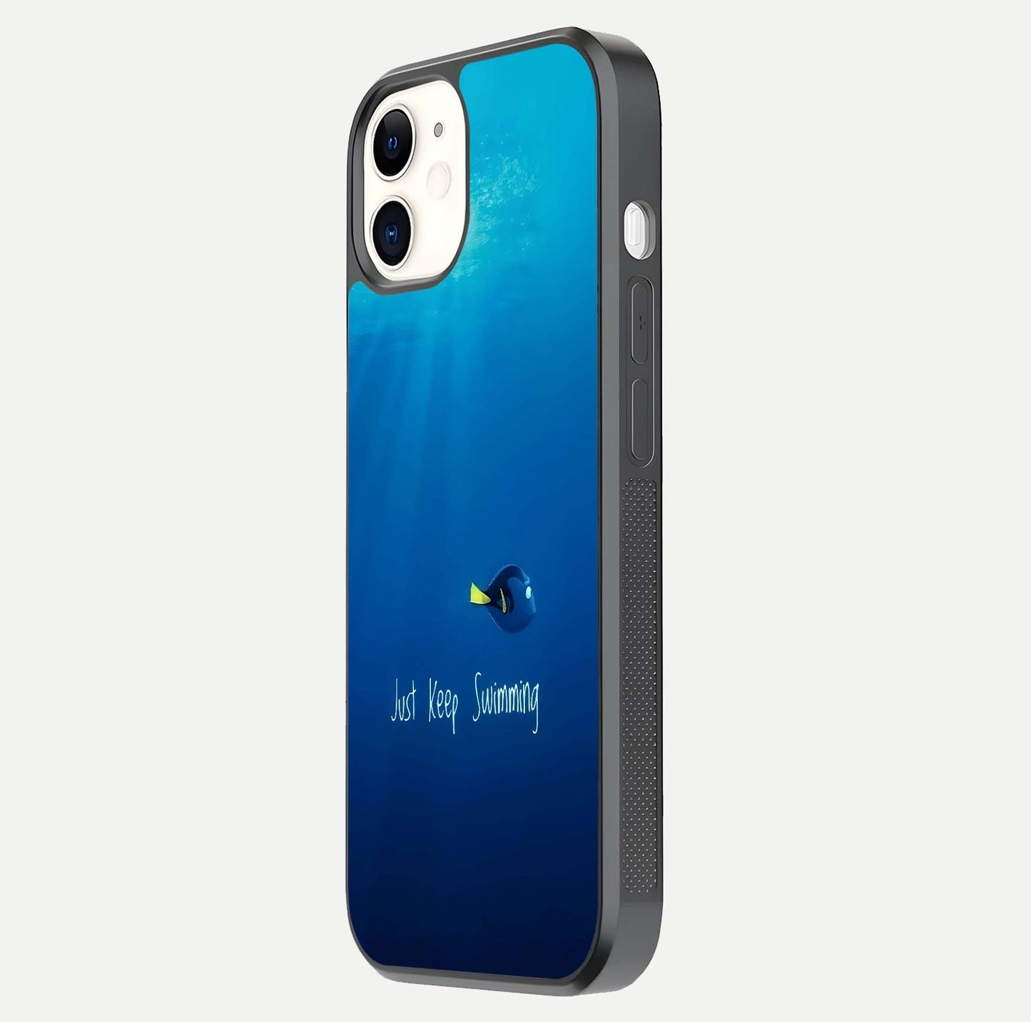 Just Keep Swimming Glass Case for iPhone 12 Mini side-angle image highlighting reflective surface and positive quote