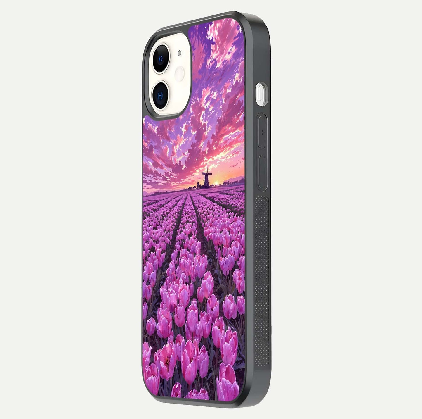 Lavender Dream Skies Glass Case for iPhone 12 Mini side-angle image showing reflection depth and serene tones