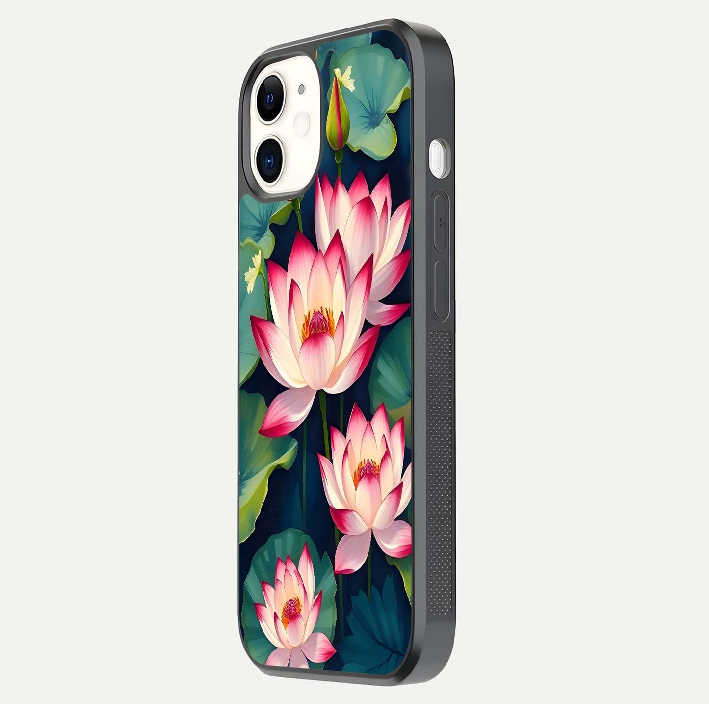 Lotus Dream Serenity Glass Case for iPhone 12 Mini side-angle image revealing reflection clarity and calm tones