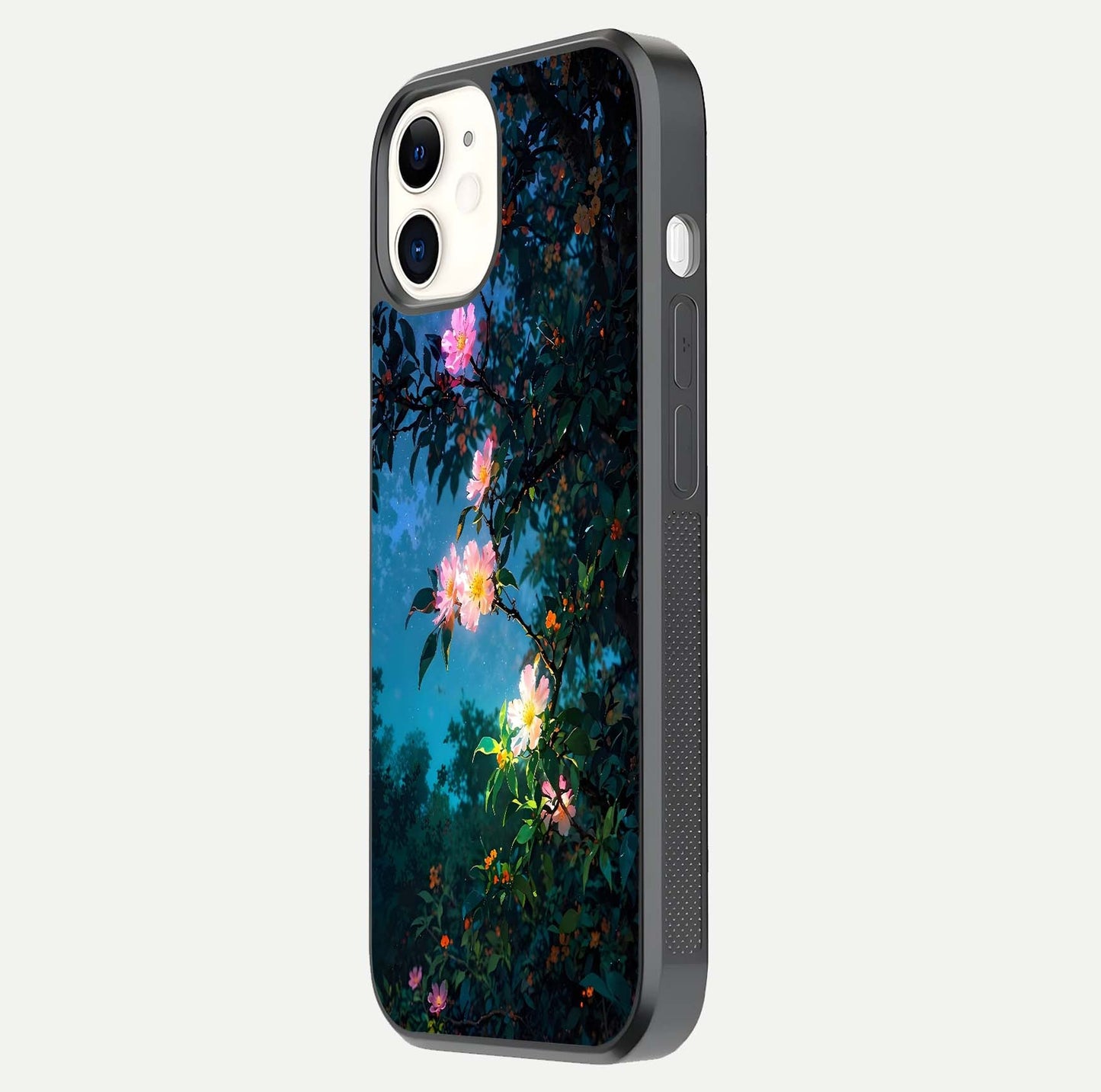 Midnight Bloom Glow Glass Case for iPhone 12 Mini side-angle image revealing reflection and deep midnight hues